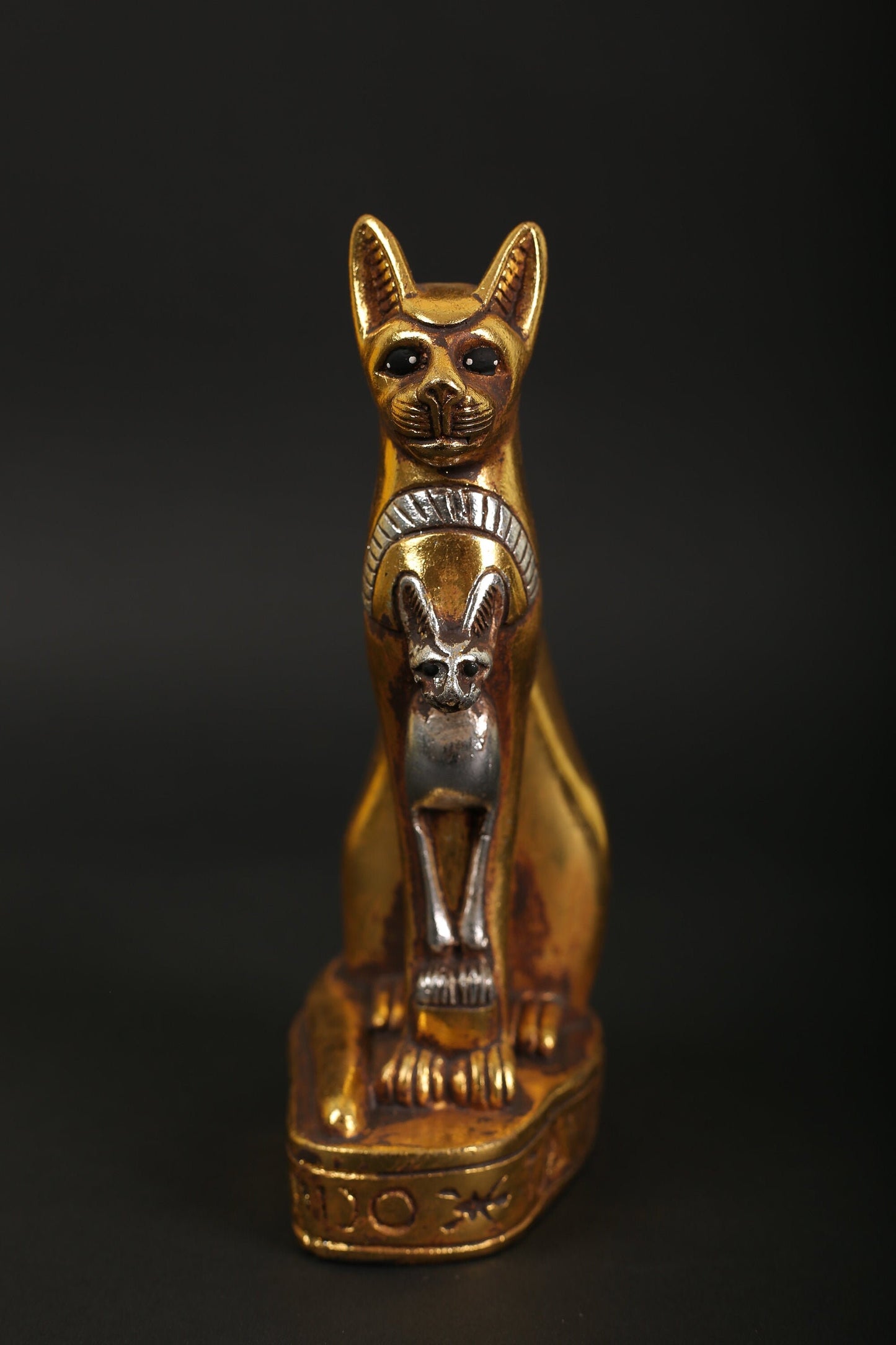 Statue of Egyptian Goddess Bastet cat made of stone with gold and silver leaf hand Paint