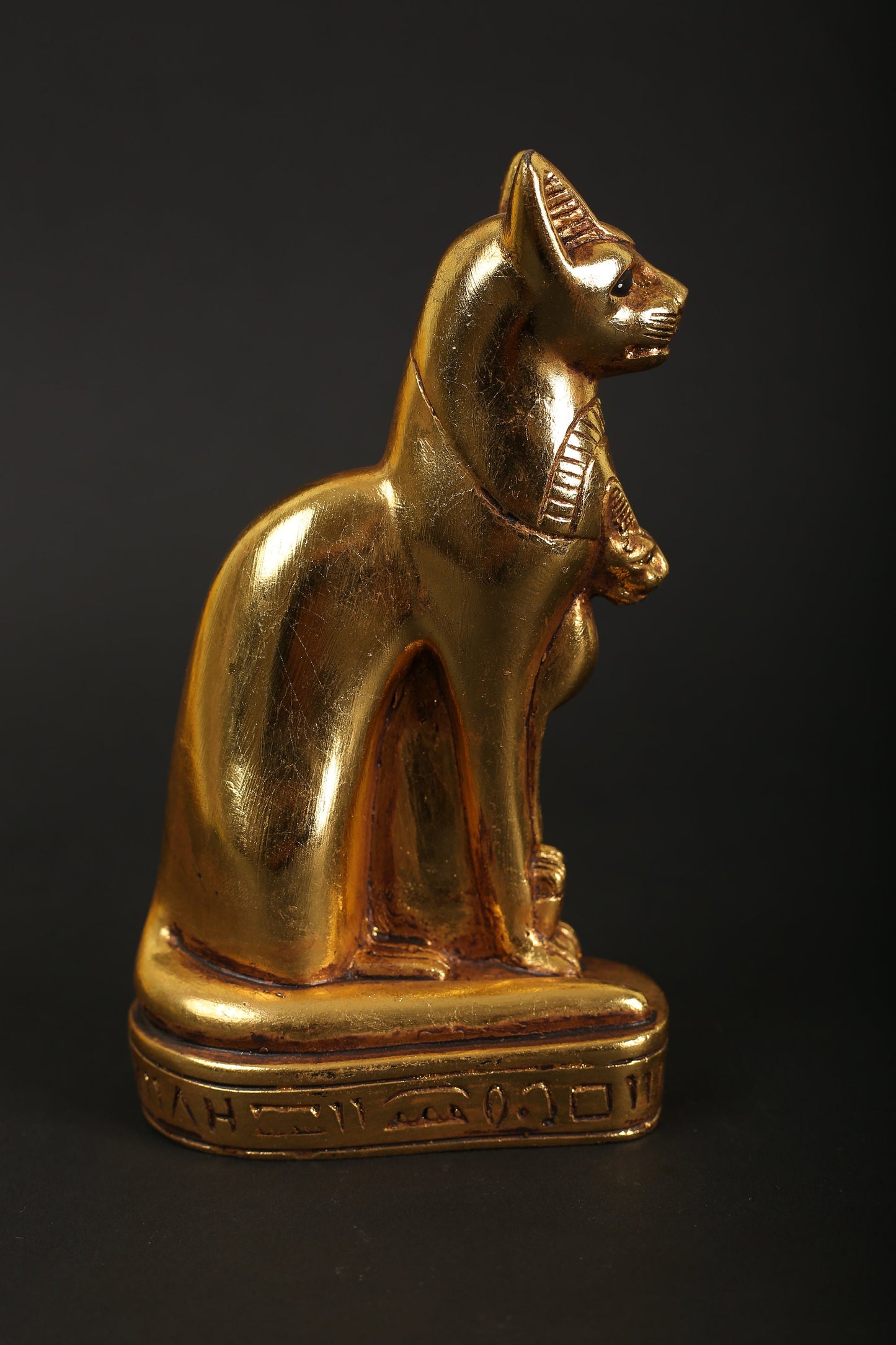 Statue of Egyptian Goddess Bastet cat made of stone with gold leaf hand Paint