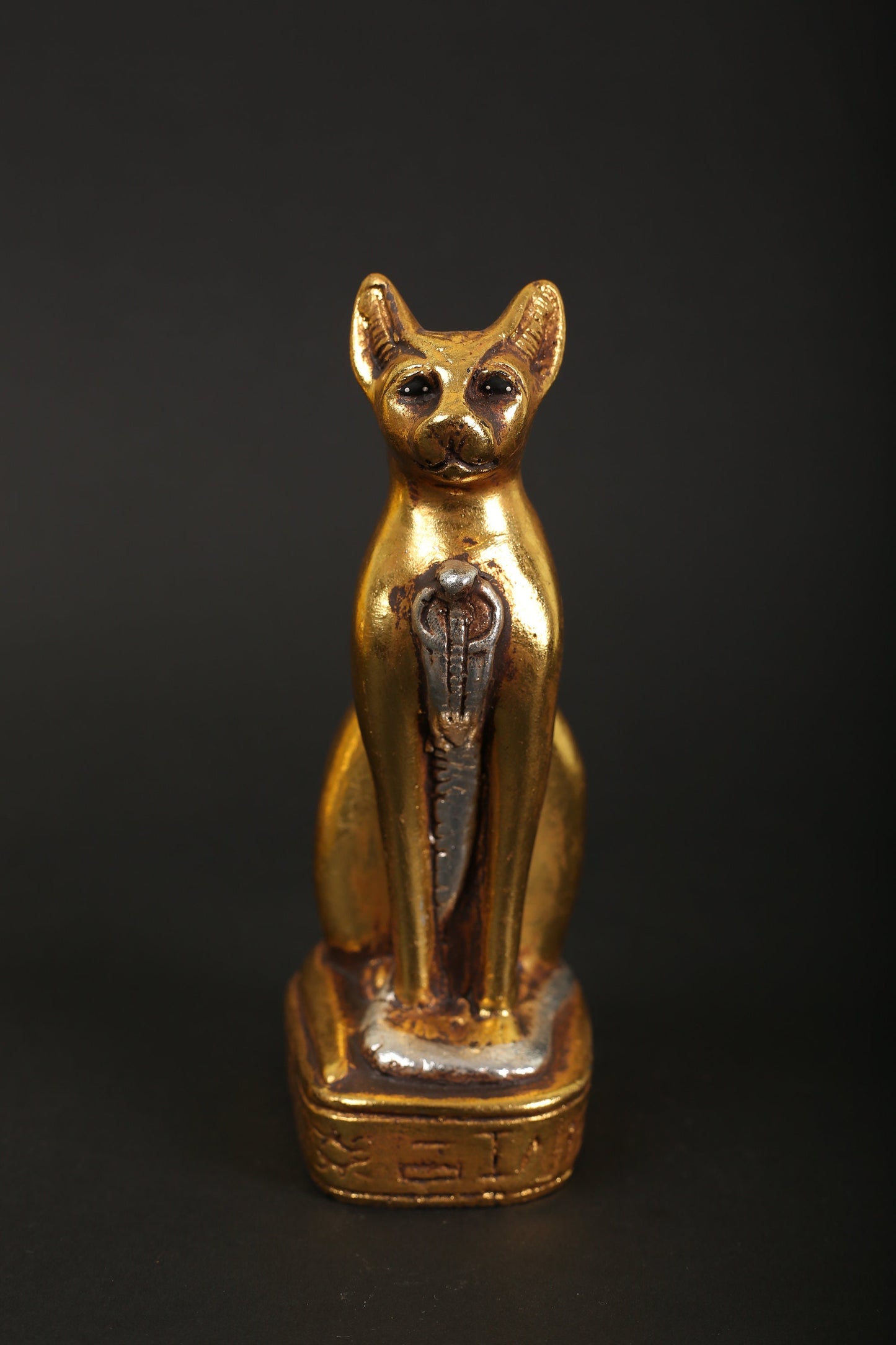 Statue of Egyptian Goddess Bastet Cat made of stone with gold and silver leaf hand Pain