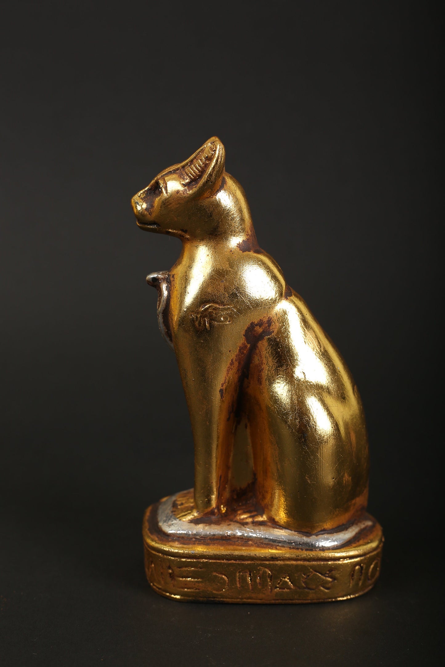 Statue of Egyptian Goddess Bastet Cat made of stone with gold and silver leaf hand Pain