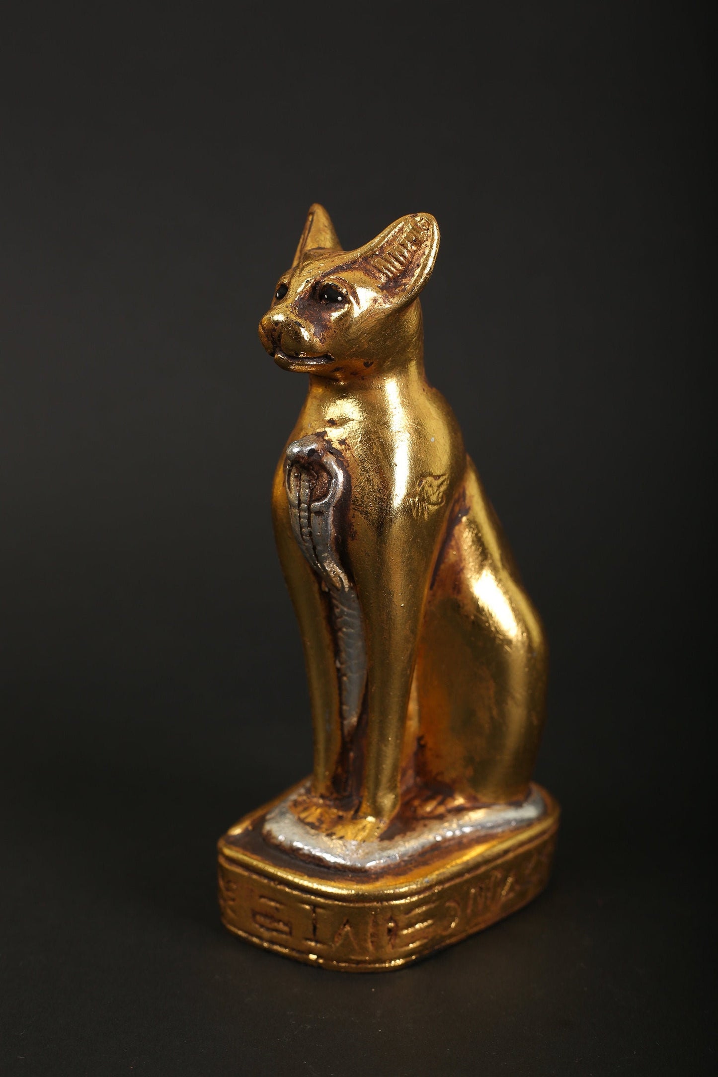 Statue of Egyptian Goddess Bastet Cat made of stone with gold and silver leaf hand Pain