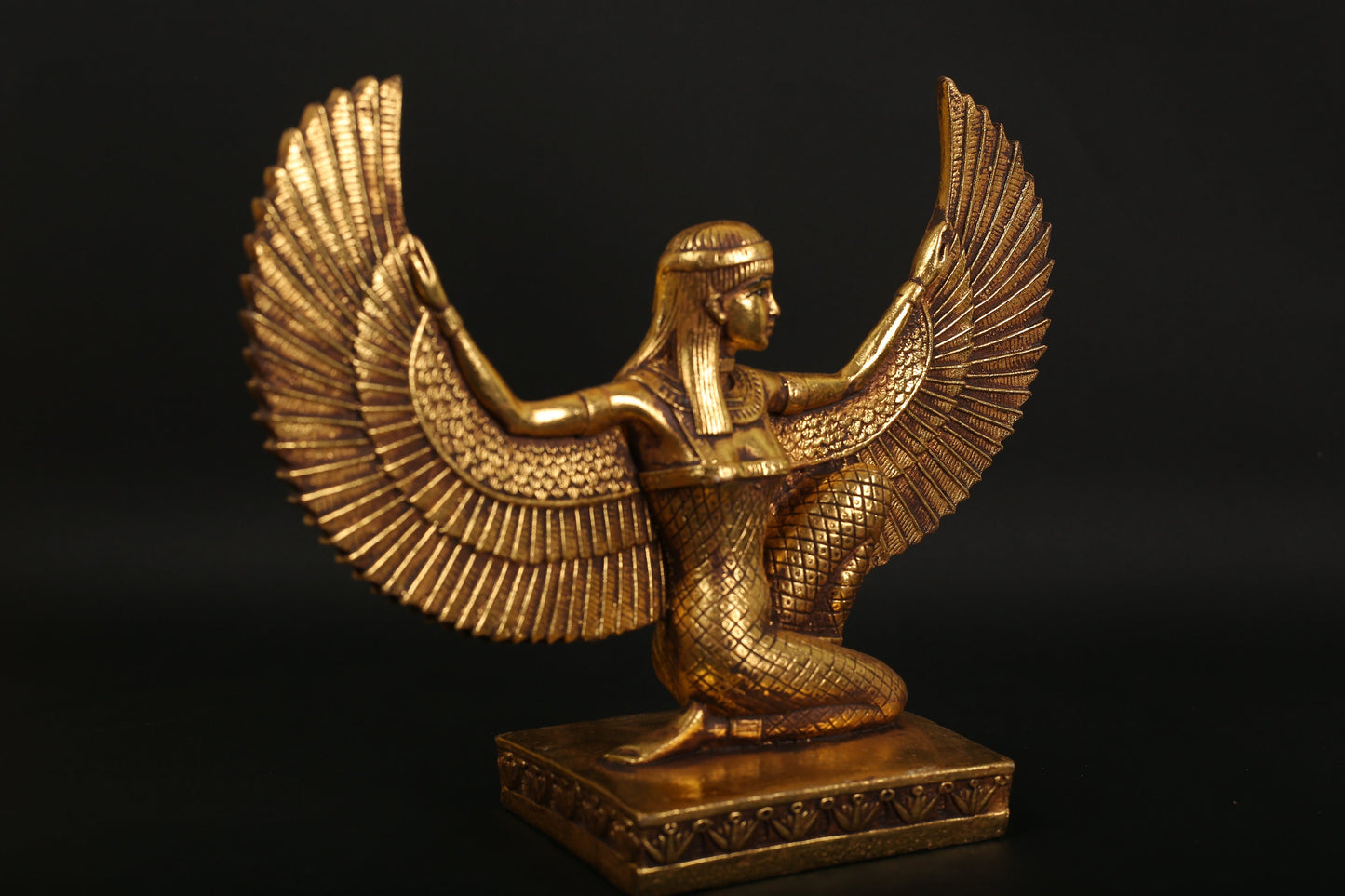 Statue of Egyptian Goddess Isis open wings made of polystone with gold leaf hand Paint