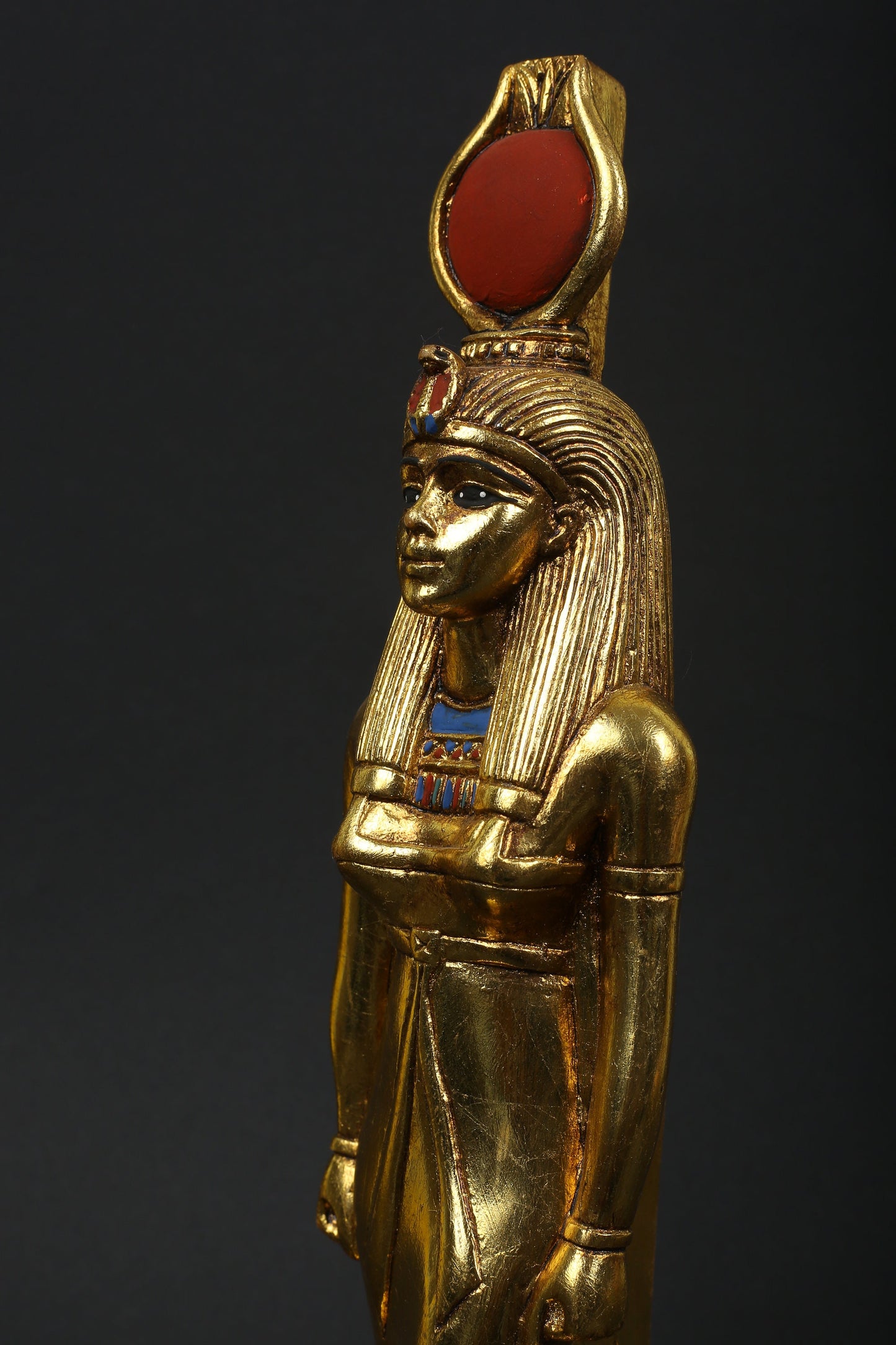 Statue of Egyption antique art Goddess Isis heavy stone with gold leaf hand made in Egypt