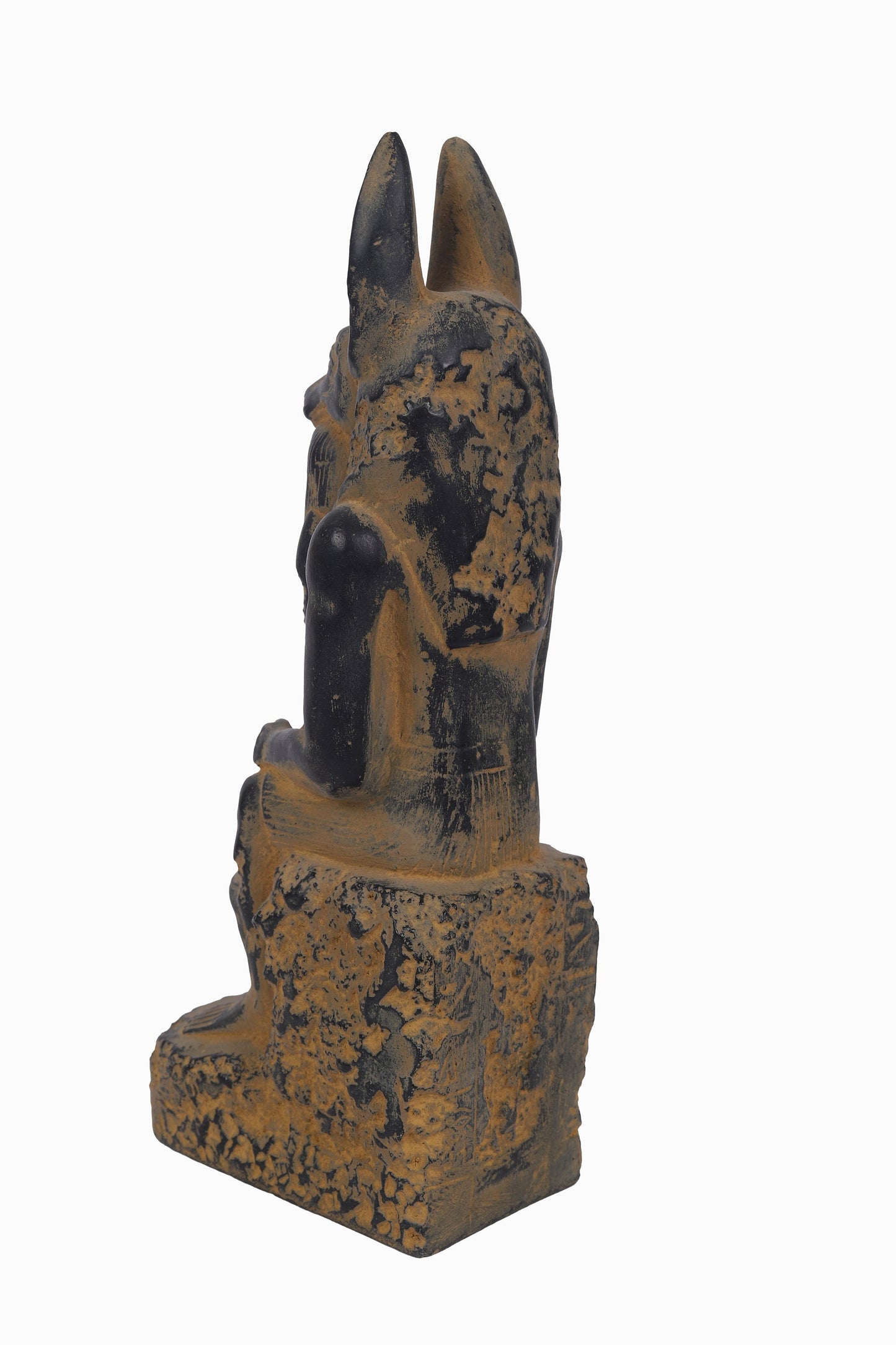 Statue of seated Anubis between his hand Ushabti and between his legs happy one of son of Horus