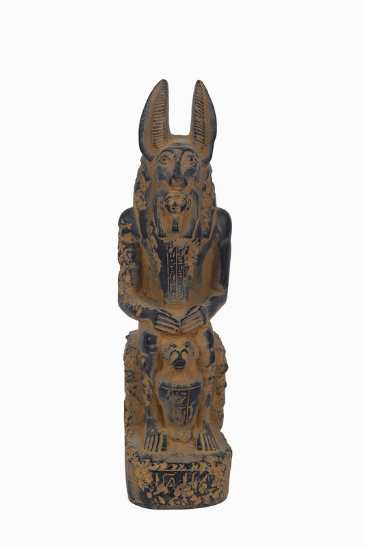 Statue of seated Anubis between his hand Ushabti and between his legs happy one of son of Horus