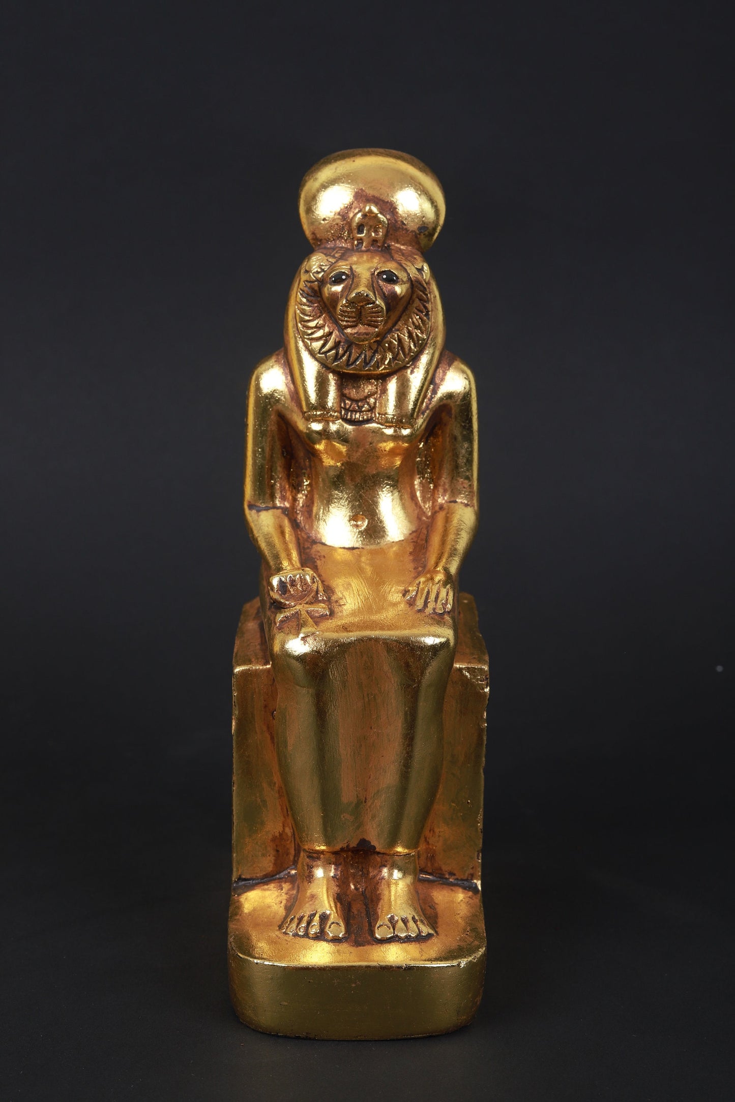 Statue of Seated  Sekhmet Ancient Egypt made of polystone with gold leaf hand Paint