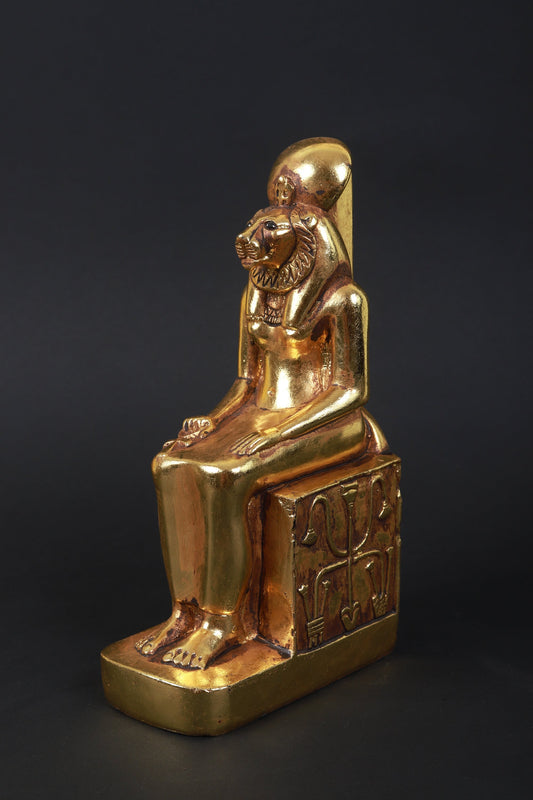 Statue of Seated  Sekhmet Ancient Egypt made of polystone with gold leaf hand Paint