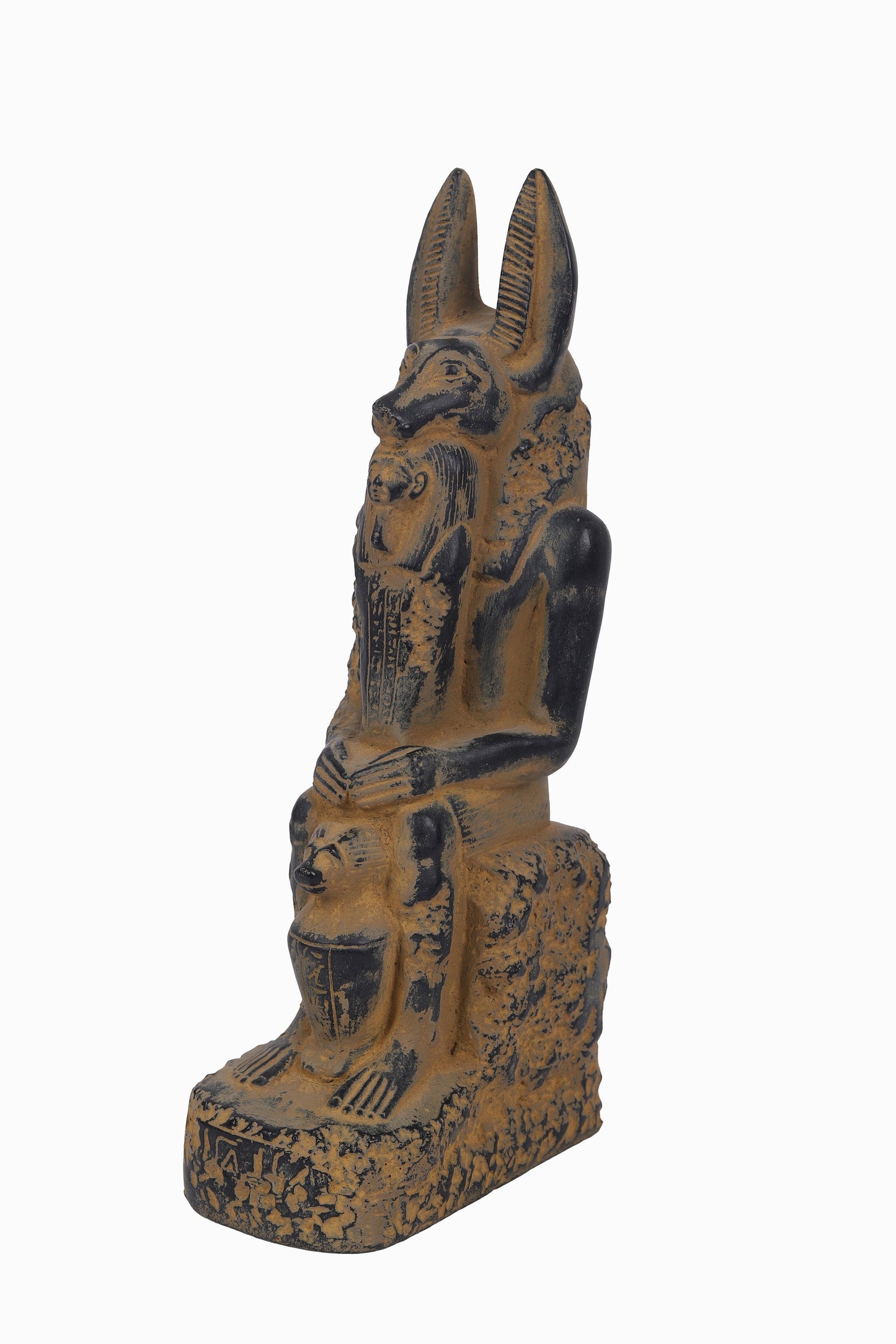 Statue of seated Anubis between his hand Ushabti and between his legs happy one of son of Horus