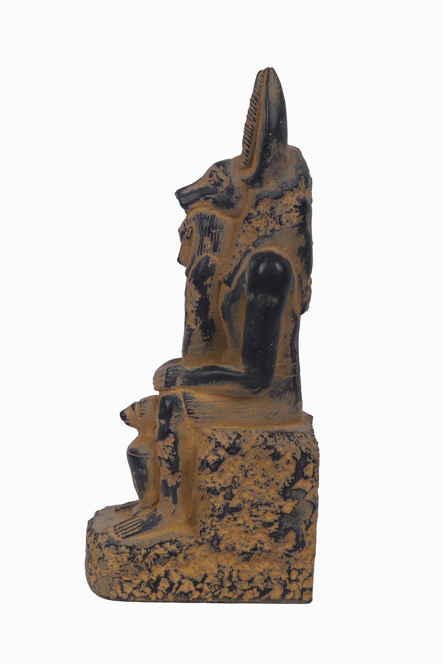 Statue of seated Anubis between his hand Ushabti and between his legs happy one of son of Horus