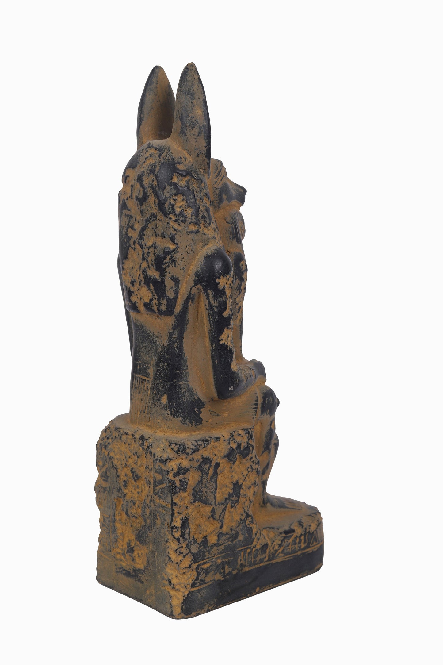 Statue of seated Anubis between his hand Ushabti and between his legs happy one of son of Horus