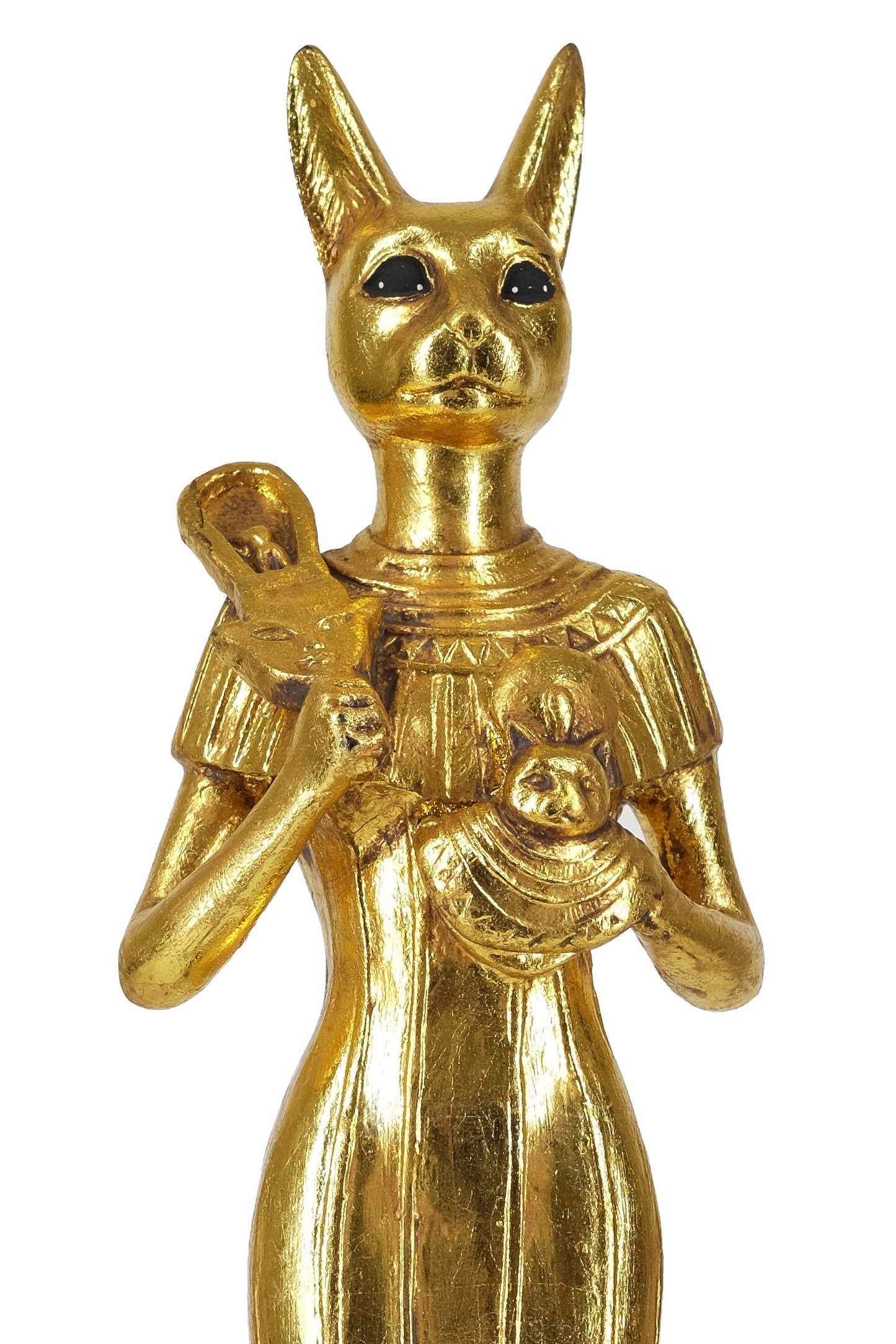 Statue of Egyptian Goddess cat Bastet standing joy love music holding Royal Ankh Large made of polystone with gold leaf hand paint