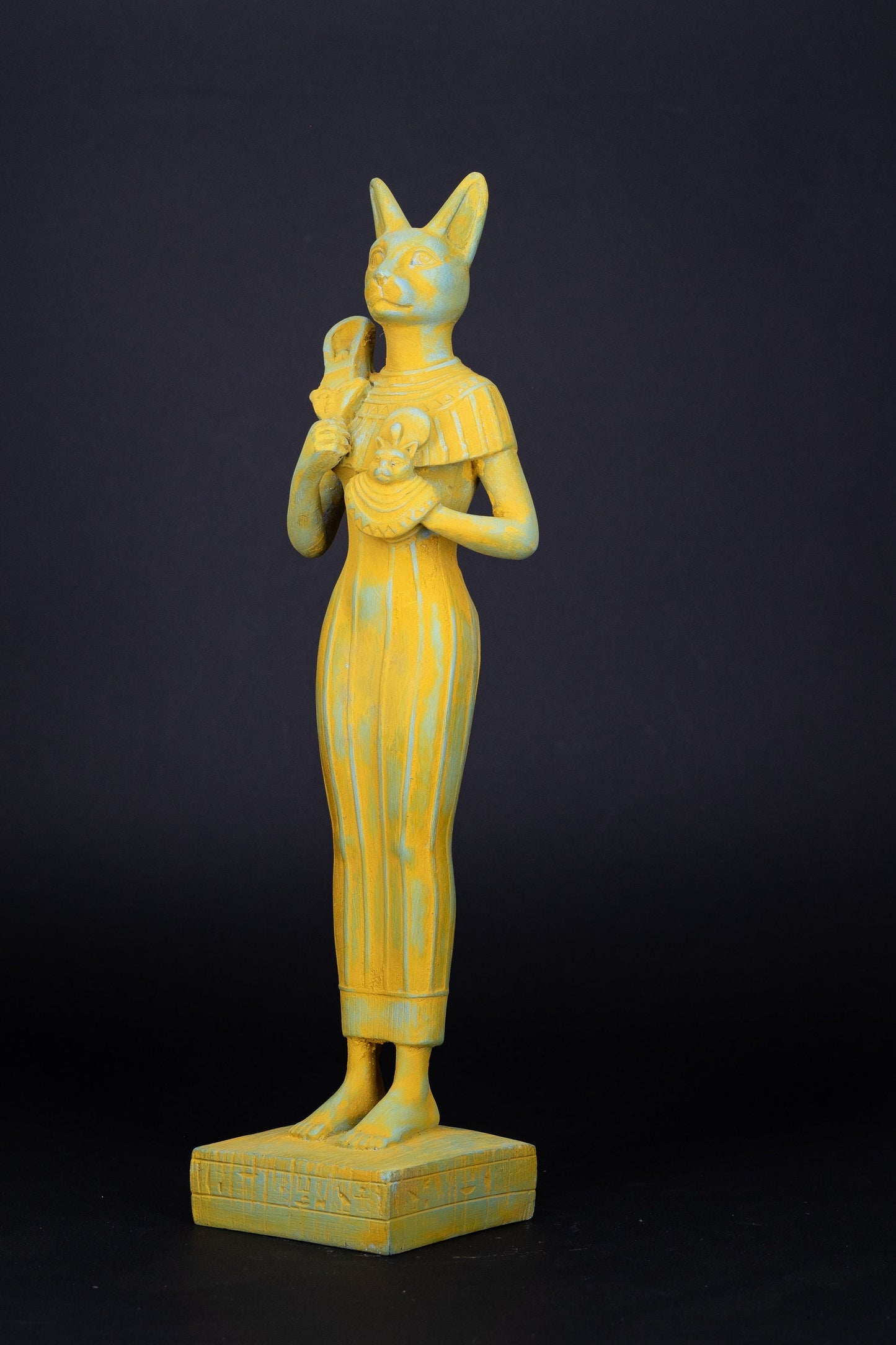 Statue of Egyptian Goddess cat Bastet standing joy love music holding Royal Ankh Large made of polystone painting with Green antique color