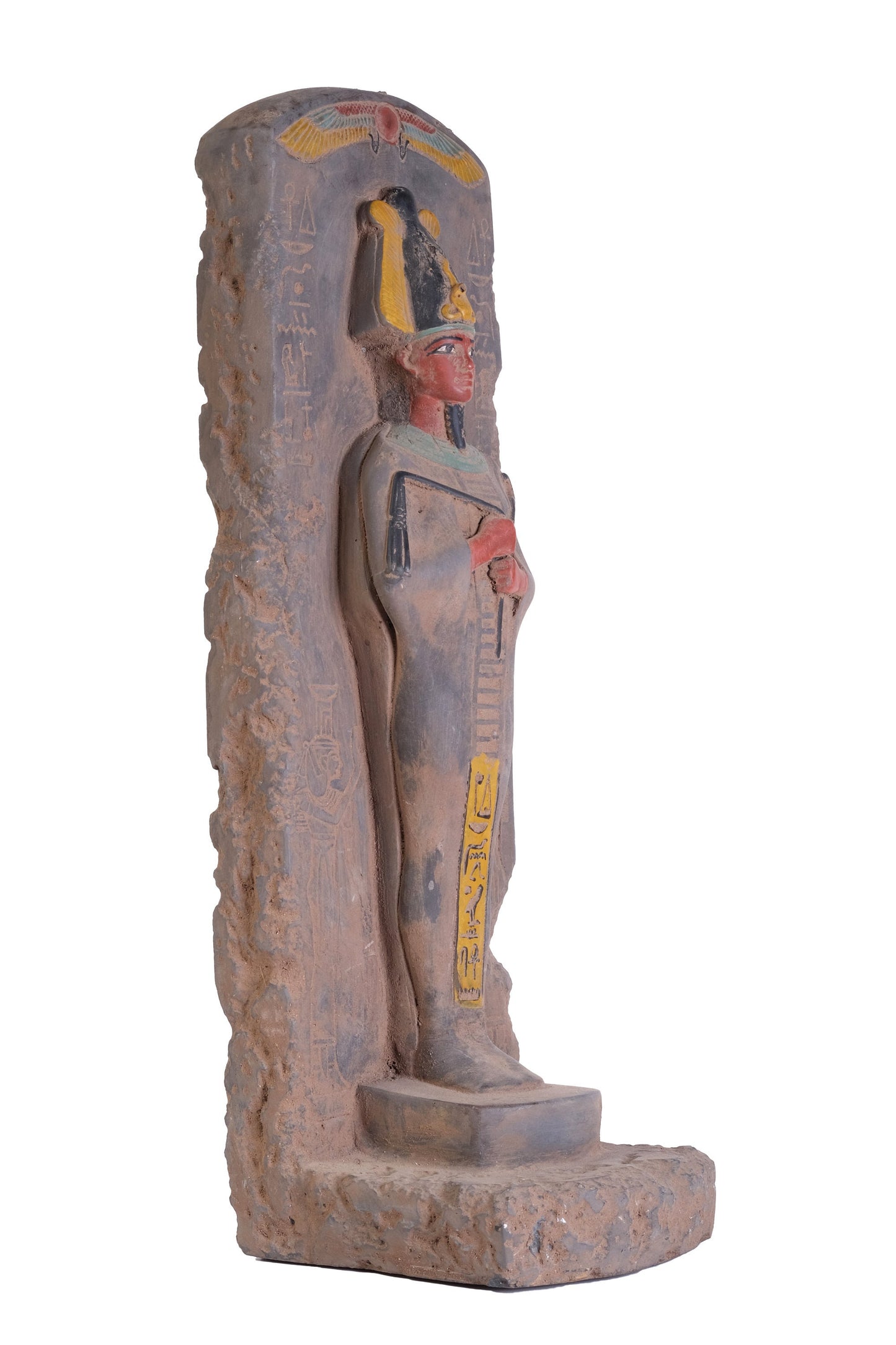 Statue antique of the Egyptian Osiris Lord of the Dead, The underworld and rebirth made of heavy stone with natural colors