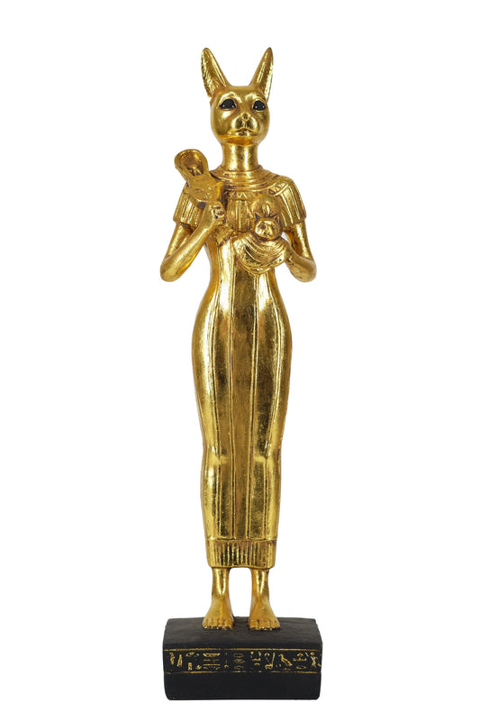 Statue of Egyptian Goddess cat Bastet standing joy love music holding Royal Ankh Large made of polystone with gold leaf hand paint