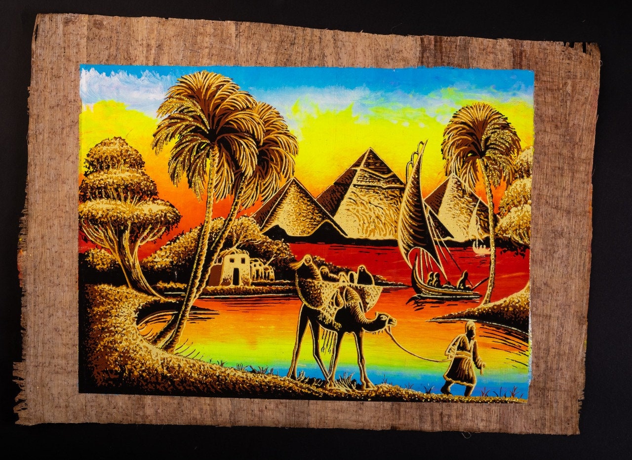 Egyptian pharaonic papyrus - Nile River, Camel and Pyramids - glow at dark - Certificated