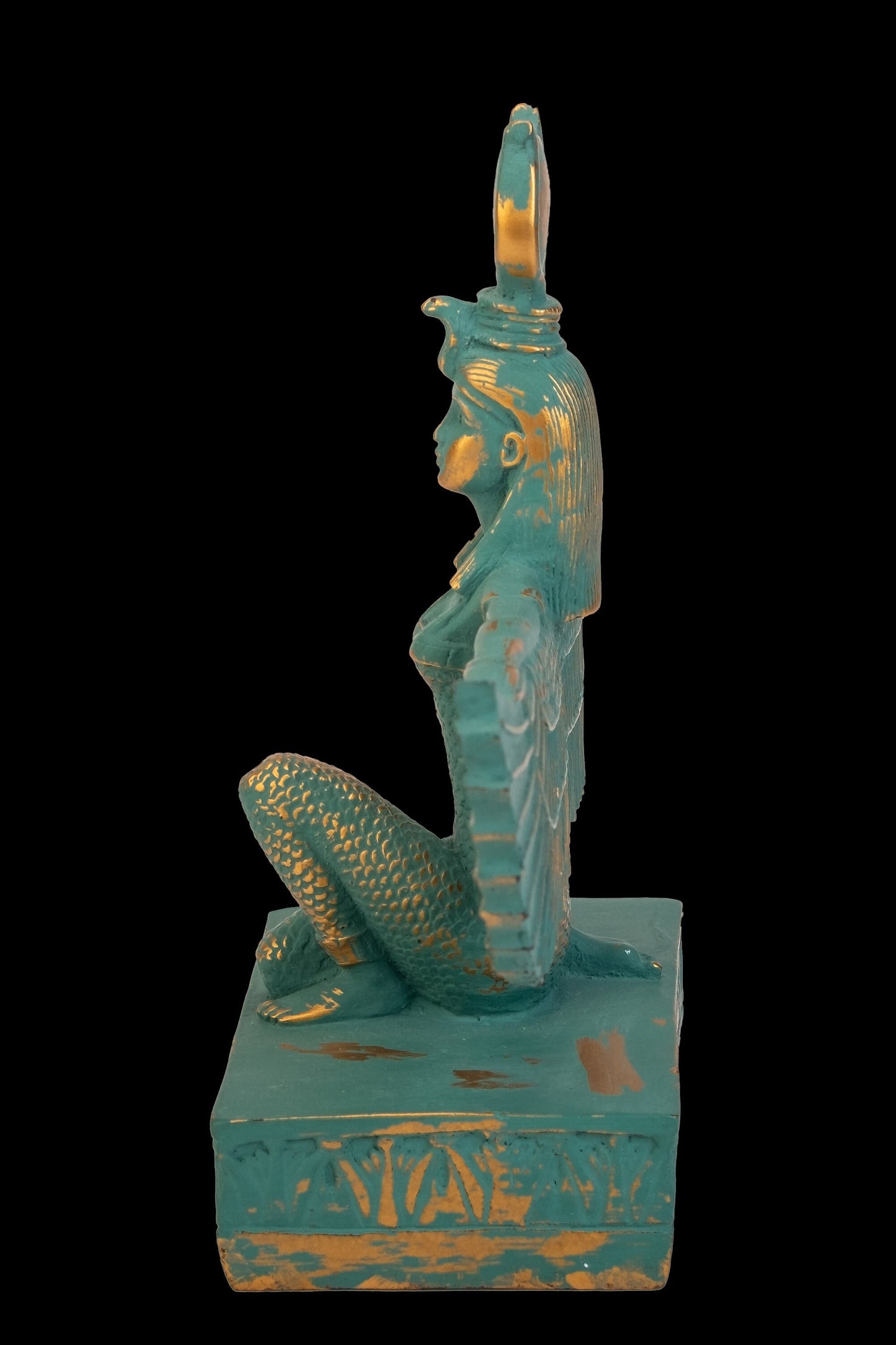 Unique statue of Egyptian Isis open wings green with gold hand crafted