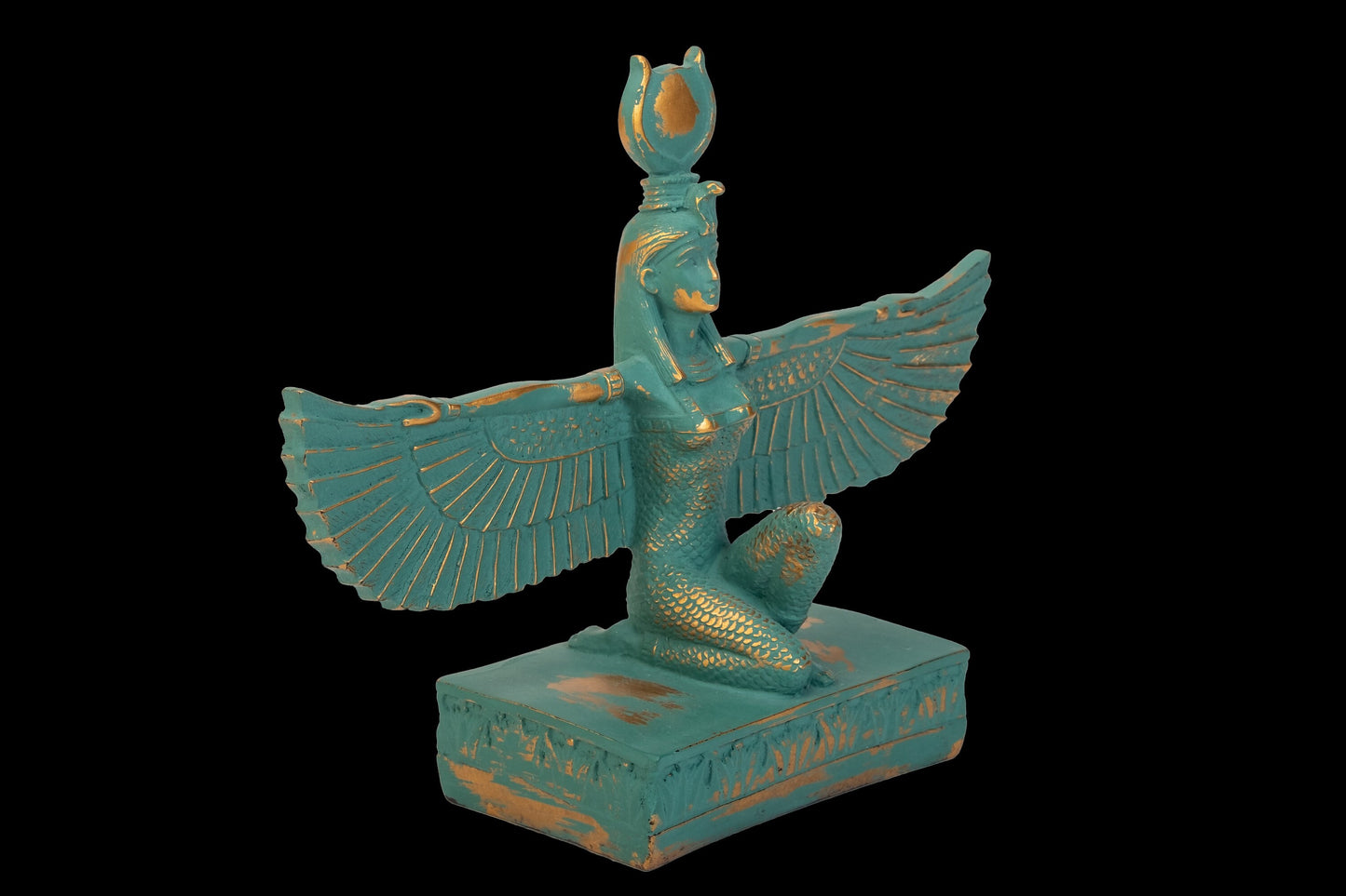 Unique statue of Egyptian Isis open wings green with gold hand crafted