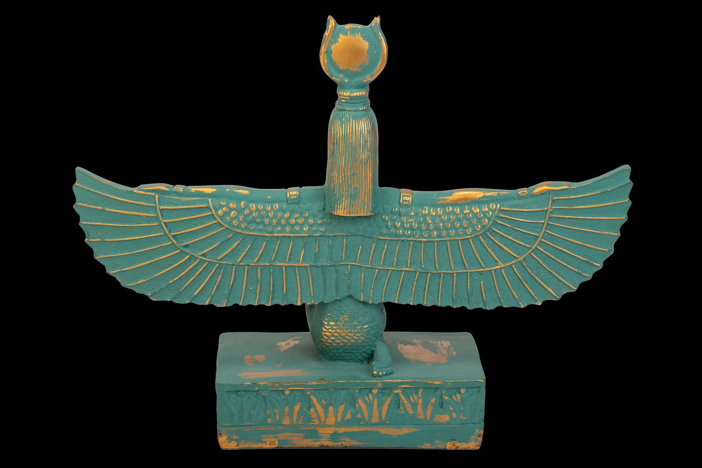 Unique statue of Egyptian Isis open wings green with gold hand crafted