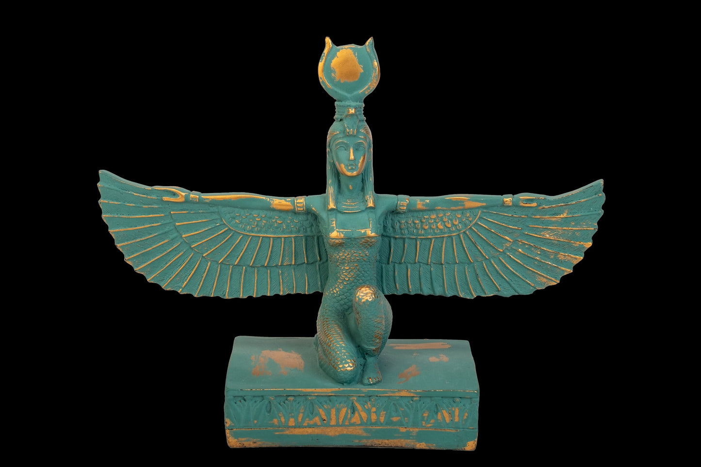 Unique statue of Egyptian Isis open wings green with gold hand crafted