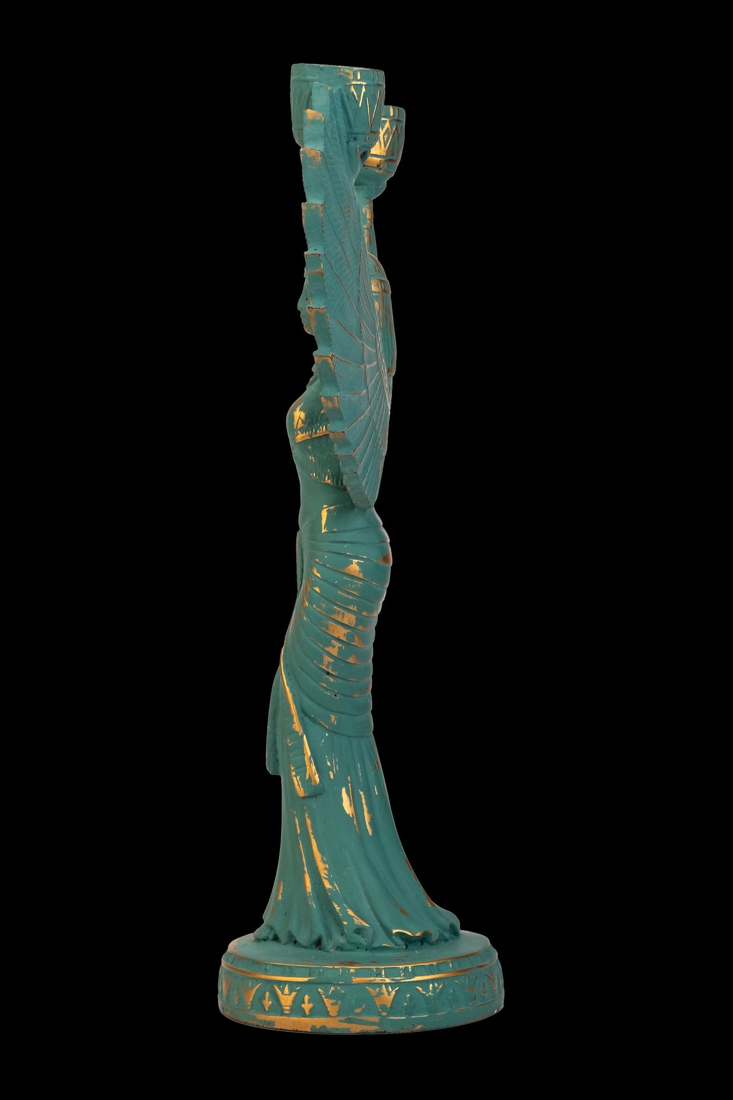 Unique statue of Egyptian Goddess Isis open wings green with gold hand crafted