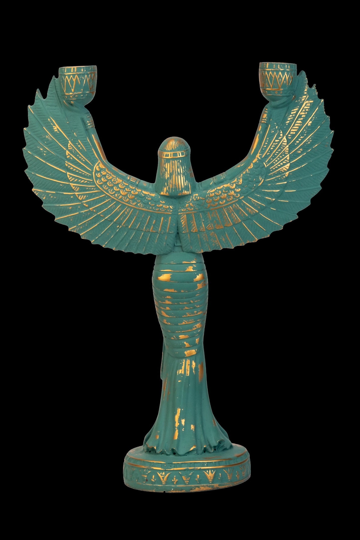 Unique statue of Egyptian Goddess Isis open wings green with gold hand crafted