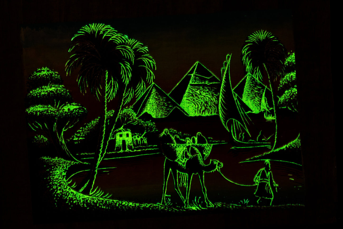 Egyptian pharaonic papyrus - Nile River, Camel and Pyramids - glow at dark - Certificated