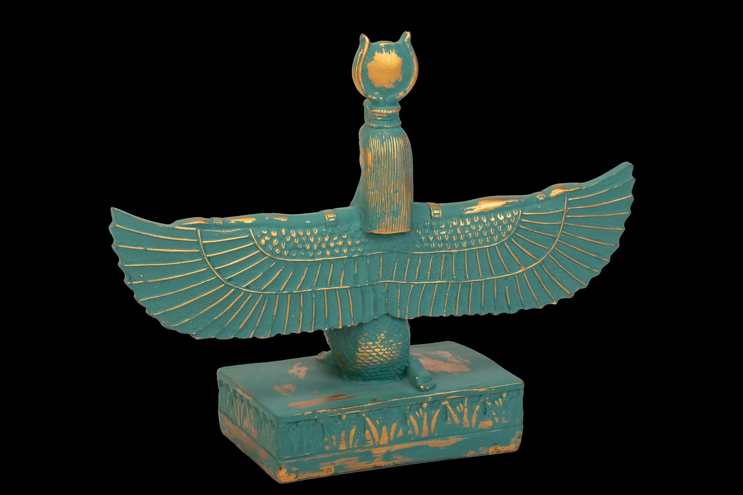 Unique statue of Egyptian Isis open wings green with gold hand crafted