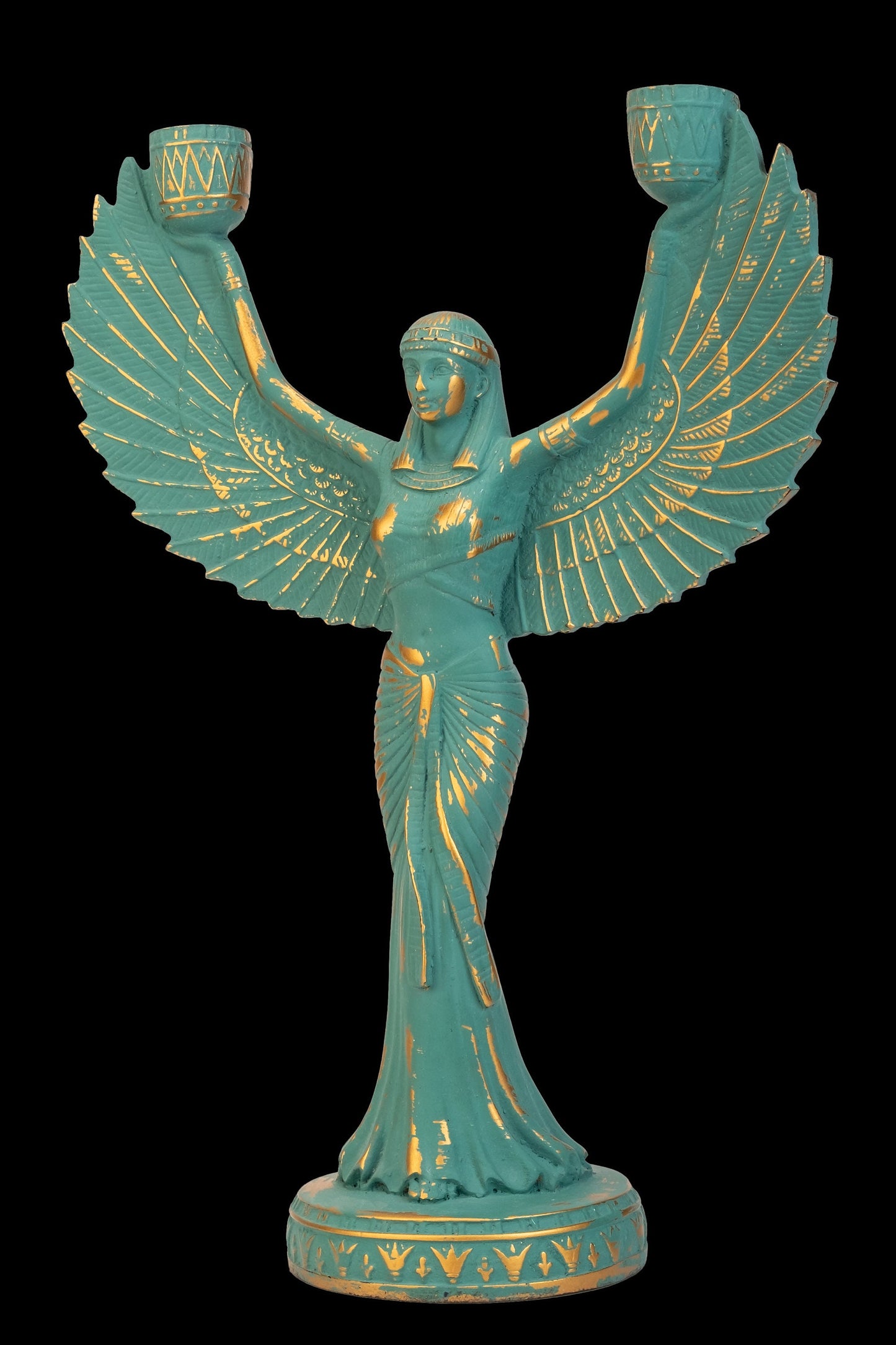 Unique statue of Egyptian Goddess Isis open wings green with gold hand crafted