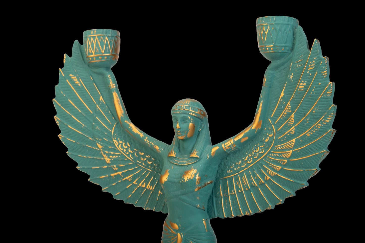 Unique statue of Egyptian Goddess Isis open wings green with gold hand crafted