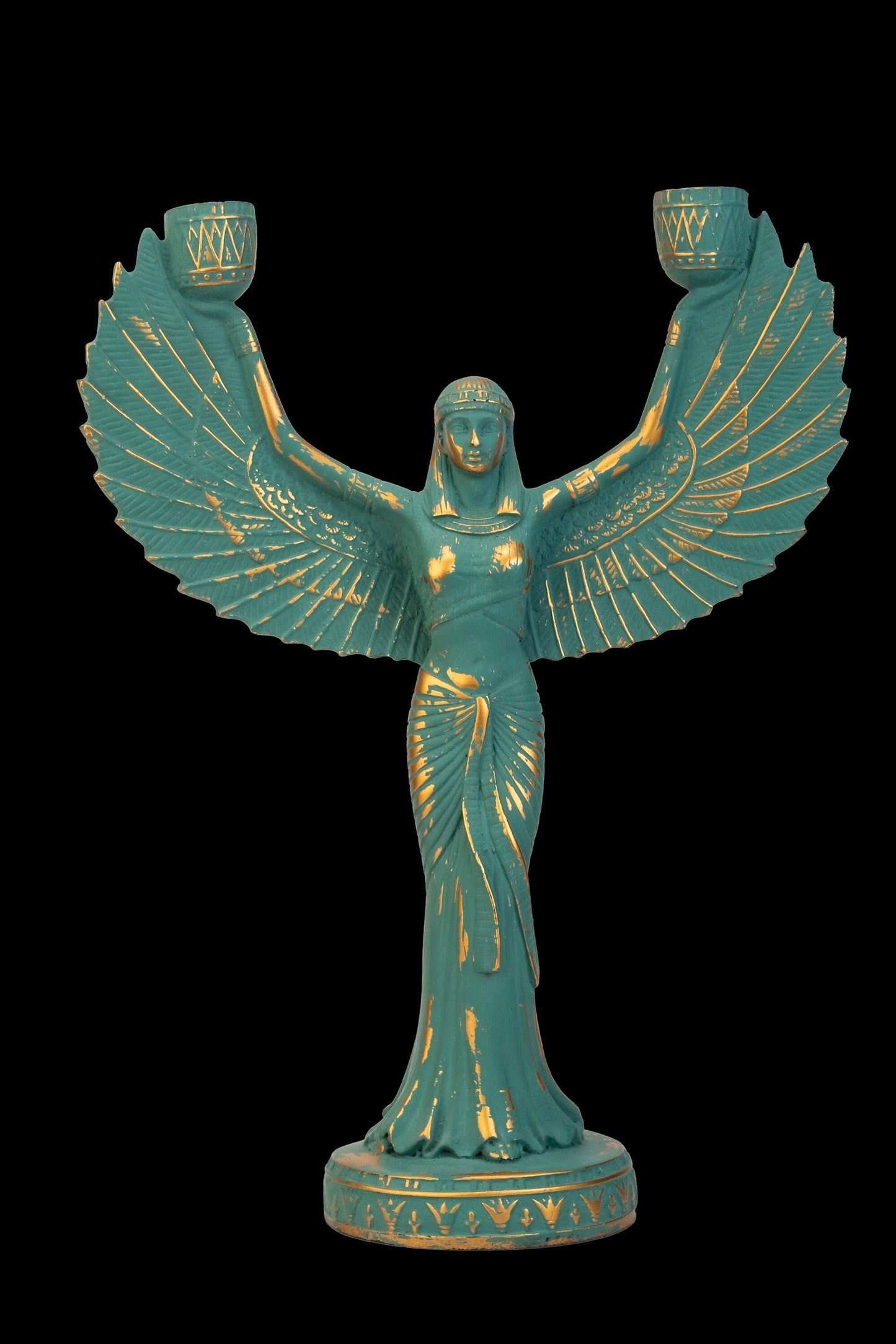 Unique statue of Egyptian Goddess Isis open wings green with gold hand crafted