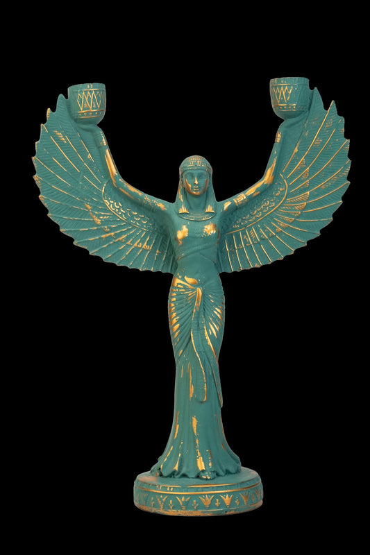 Unique statue of Egyptian Goddess Isis open wings green with gold hand crafted