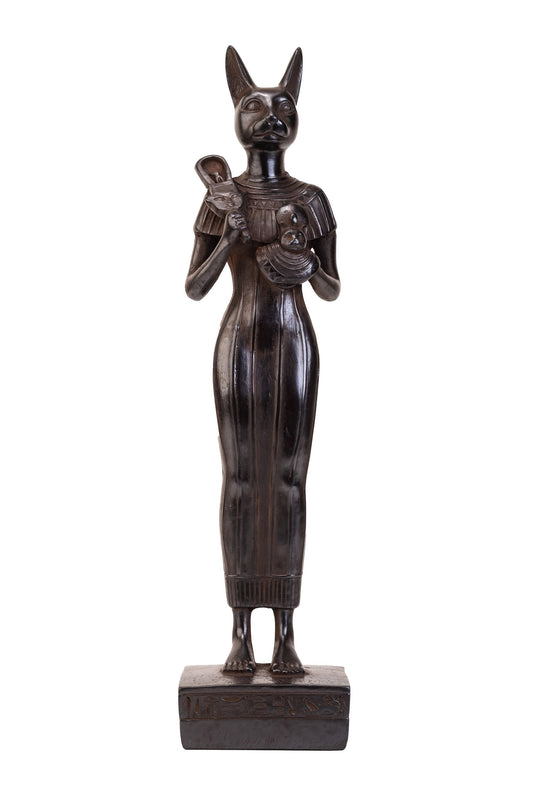 Statue of Egyptian Cat Bastet standing joy love music holding Royal Ankh Large