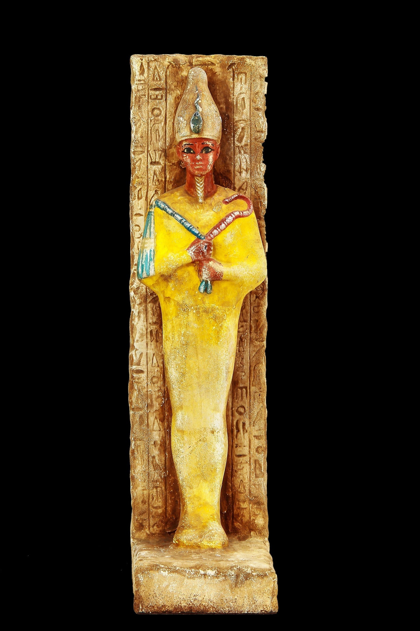 Statue Osiris large stela relief heavy stone handcrafted paint pharaonic sculpture with inscription Horus made in Egypt