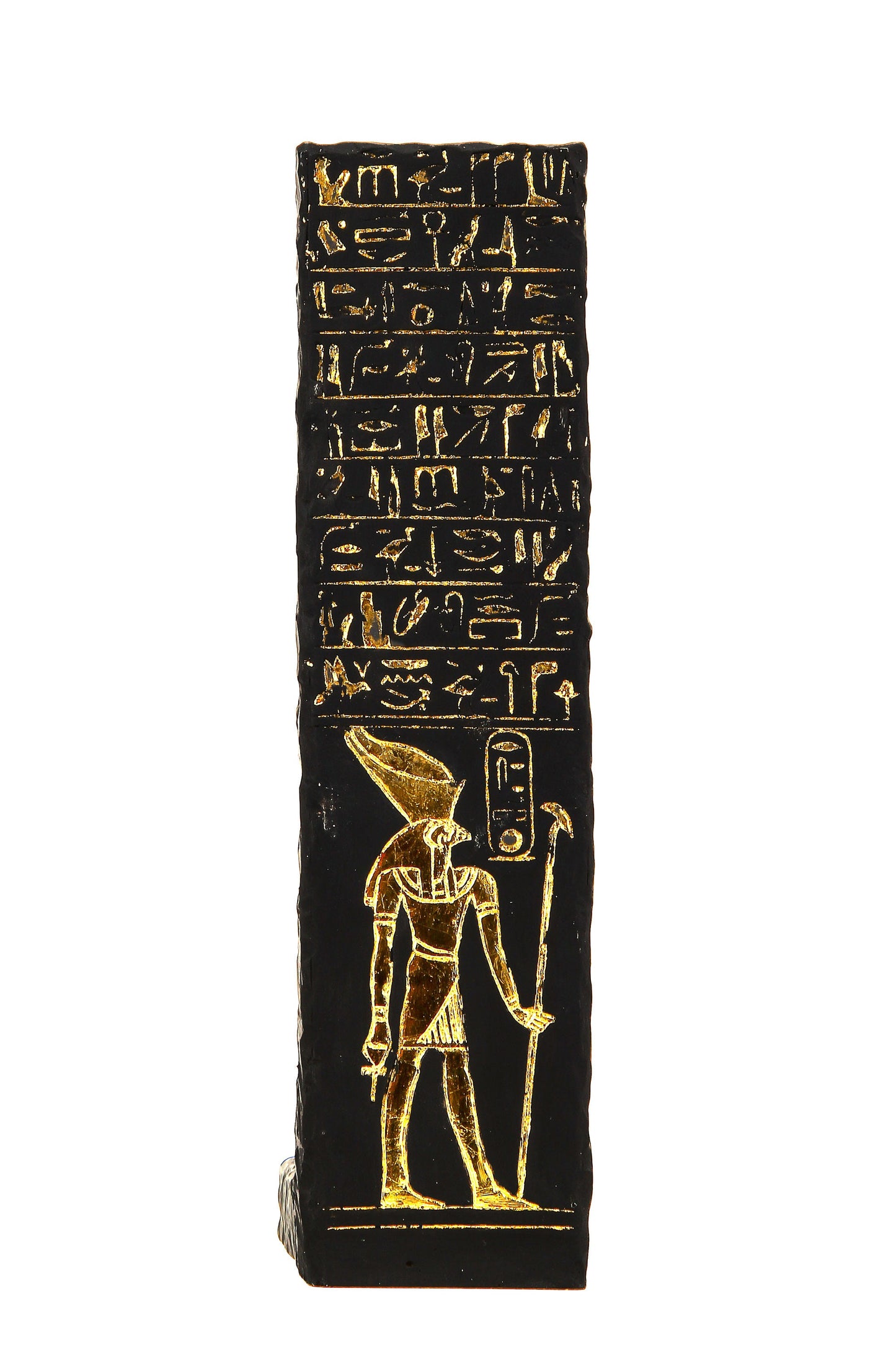 Statue Osiris large stela relief heavy stone handcrafted black with gold leaf hand painted pharaonic sculpture with inscription Horus