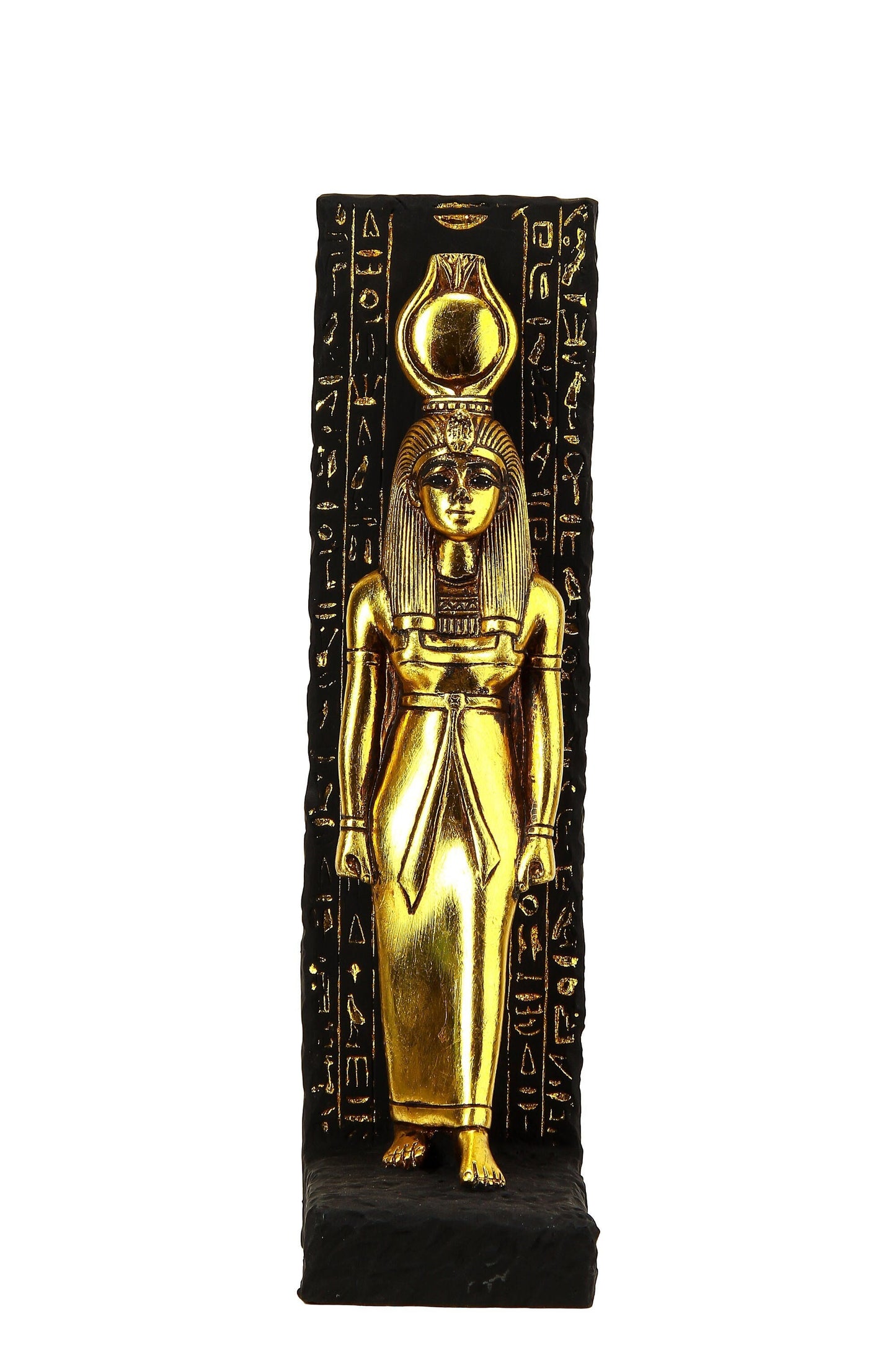 statue of goddess Isis large Stela relief heavy sculpture black handcrafted with gold leaf hand painted made in Egypt