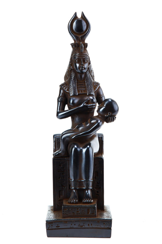 Ancient Egyptian statue of goddess Isis breastfeeds her son Horus medium black made in Egypt