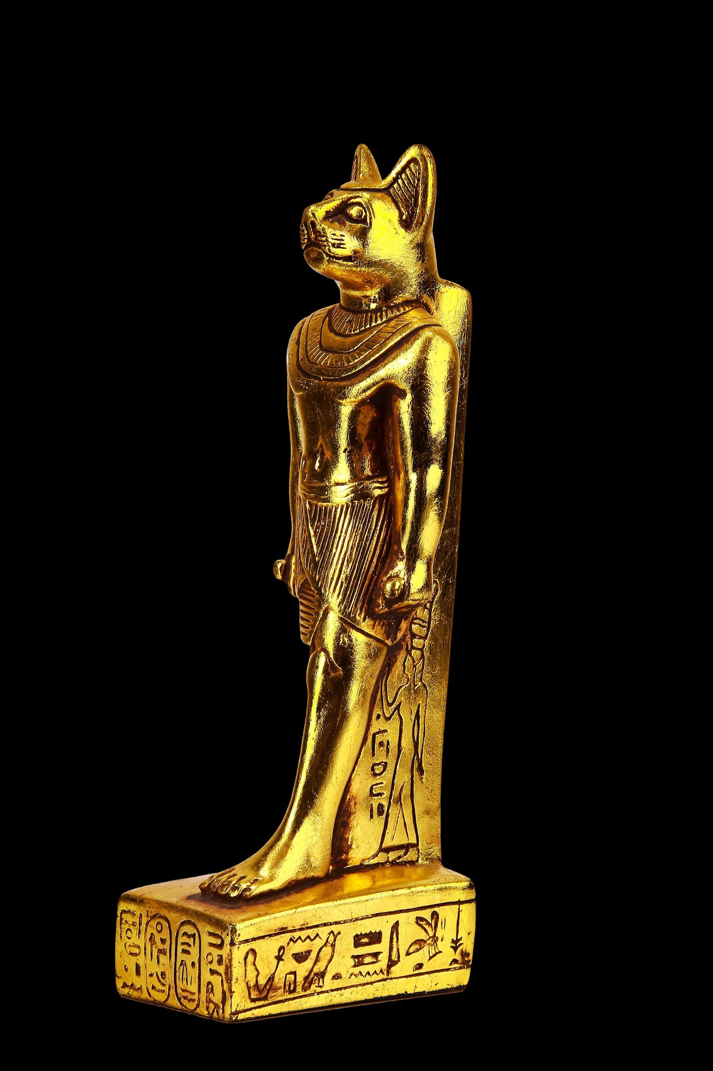 Ancient Egyptian statue of goddess Bastet cat standing heavy stone gold leaf hand painted made in Egypt