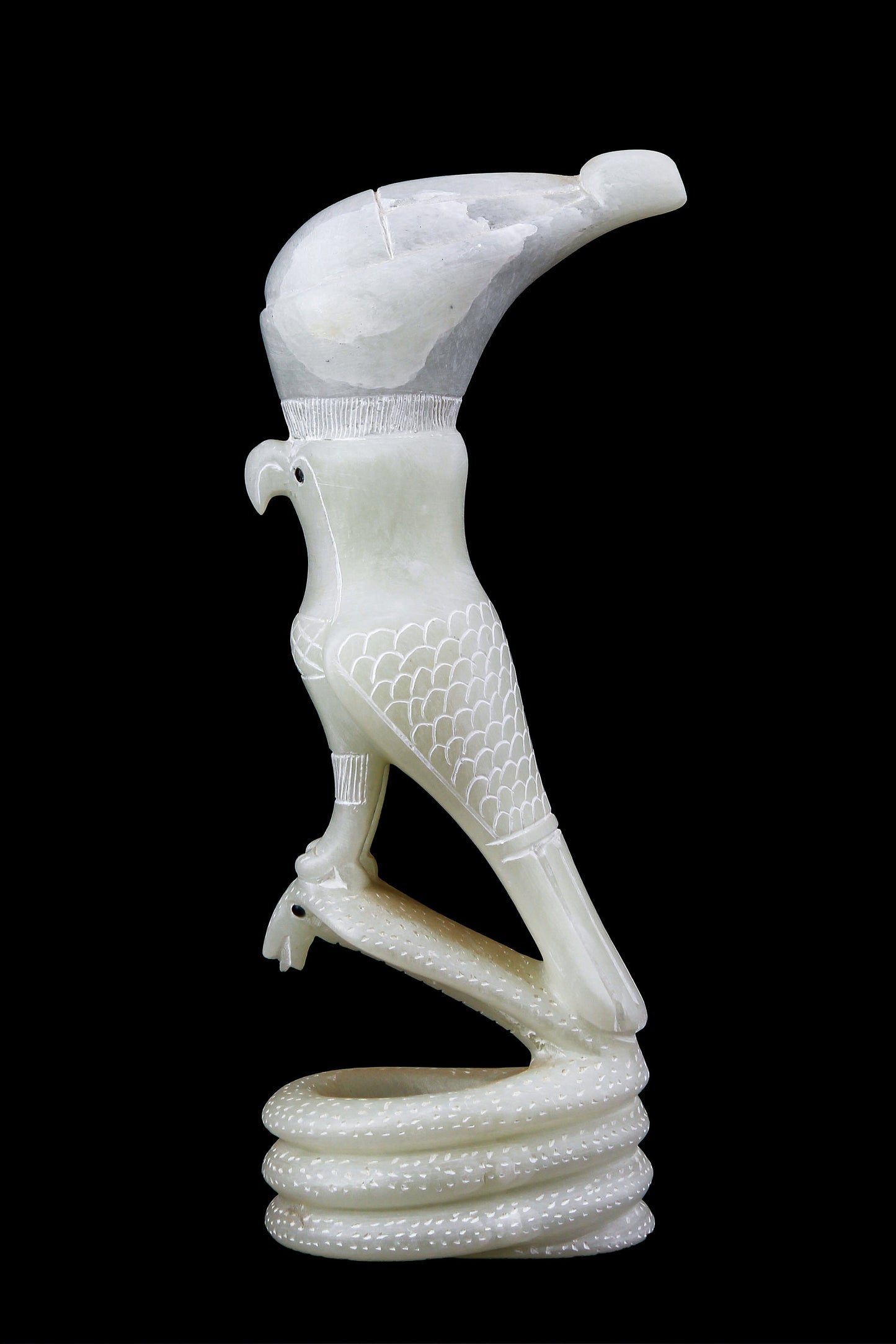 Statue of Horus god Falcon Bird sculpture standing on a Copra hand carved Soap stone made in Egypt