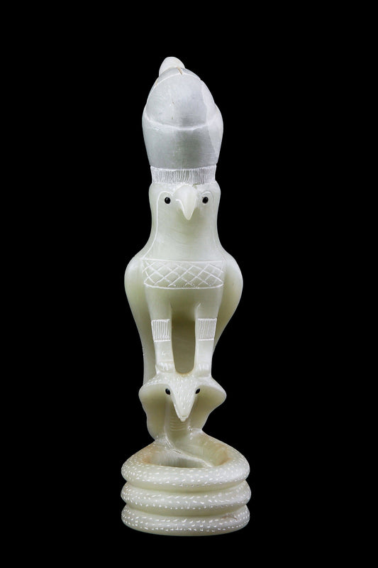 Statue of Horus god Falcon Bird sculpture standing on a Copra hand carved Soap stone made in Egypt