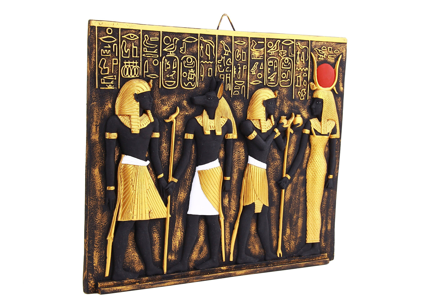 Ancient Egyptian Art Wall Relief Tutankhamun with Anubis,Ramses II with goddess Isis handcrafted paint. Made in Egypt.