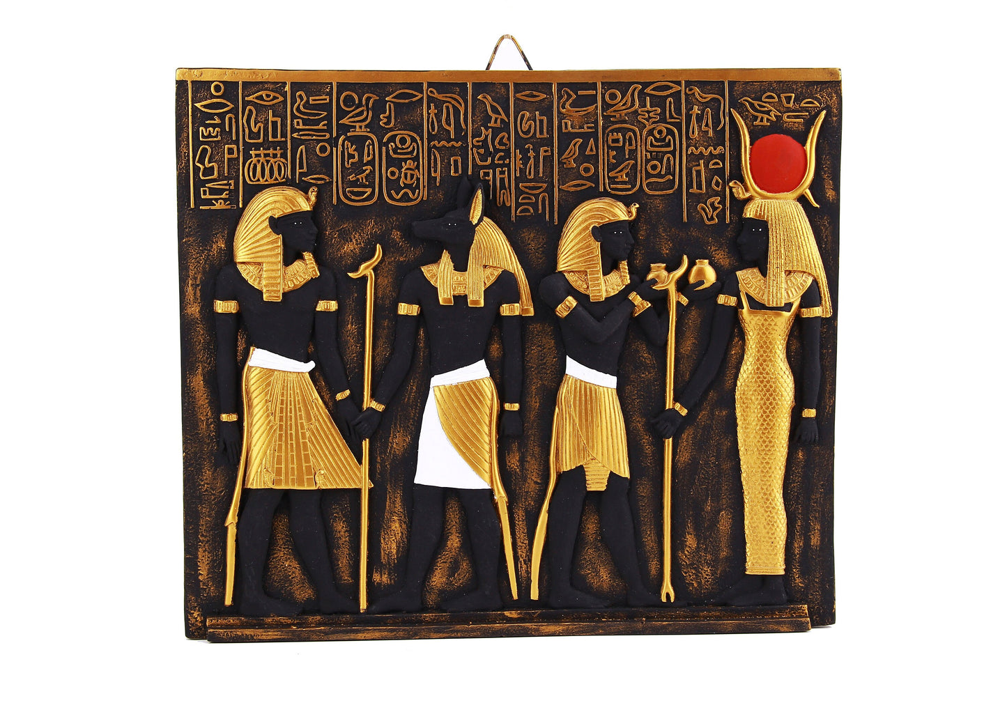 Ancient Egyptian Art Wall Relief Tutankhamun with Anubis,Ramses II with goddess Isis handcrafted paint. Made in Egypt.