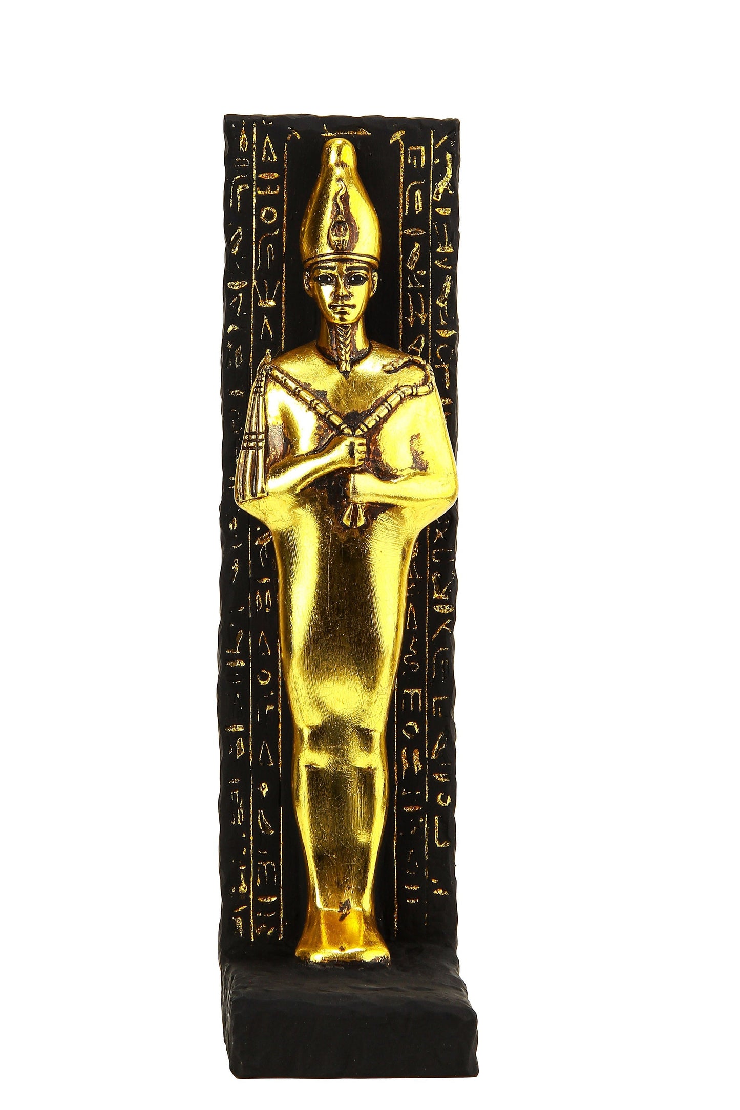 Statue Osiris large stela relief heavy stone handcrafted black with gold leaf hand painted pharaonic sculpture with inscription Horus