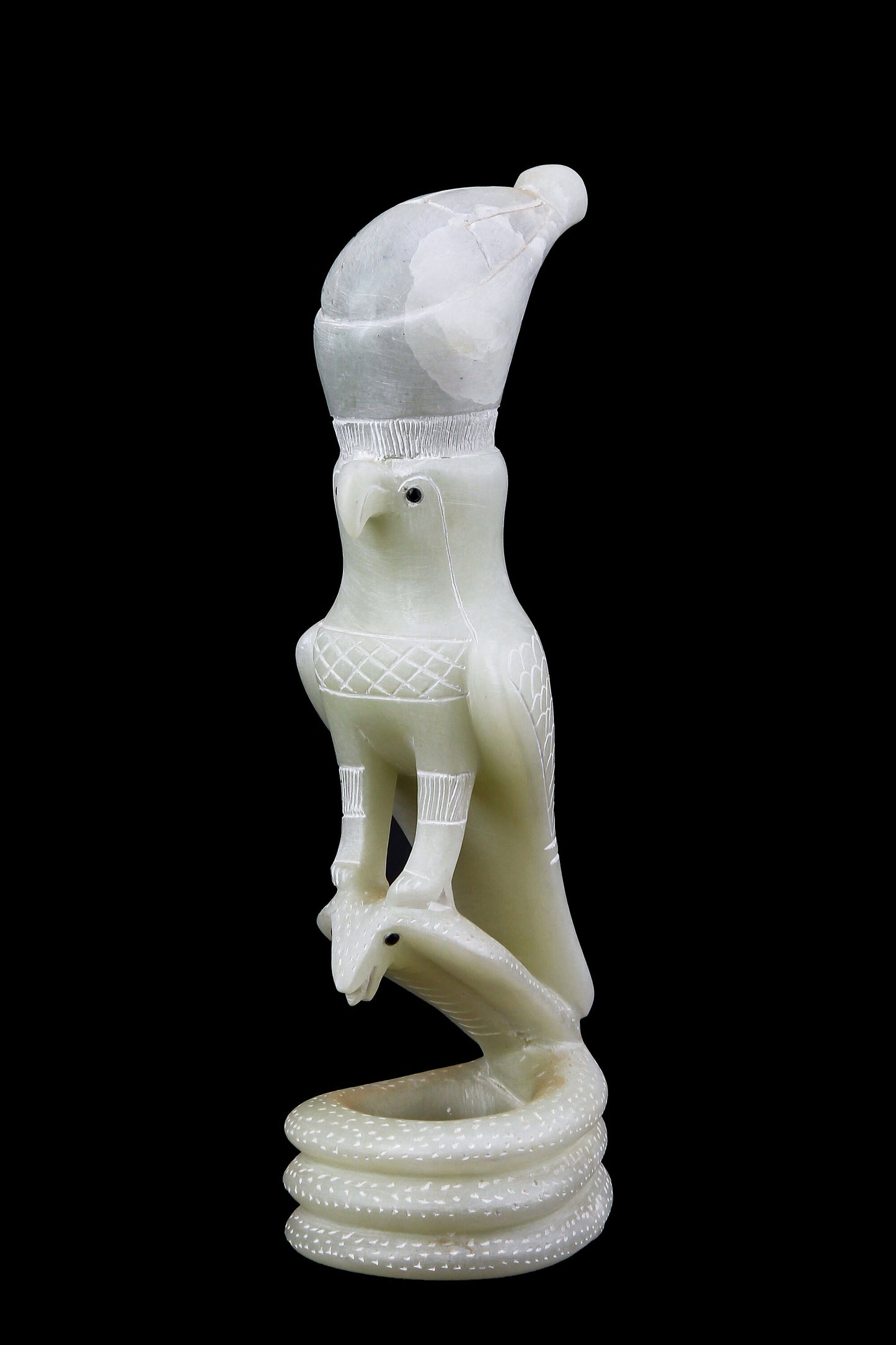 Statue of Horus god Falcon Bird sculpture standing on a Copra hand carved Soap stone made in Egypt