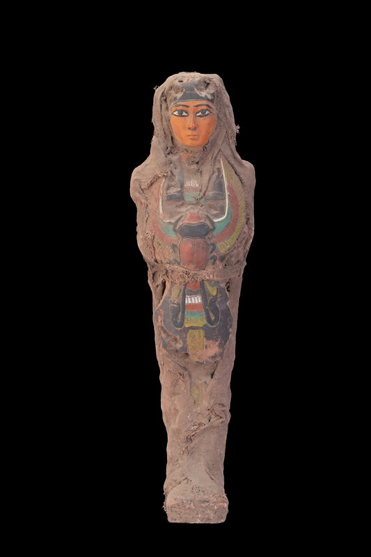 Ancient Ushabti of Isis Goddess with the scarab wings protecting her- Altar statue made with Egyptian soul