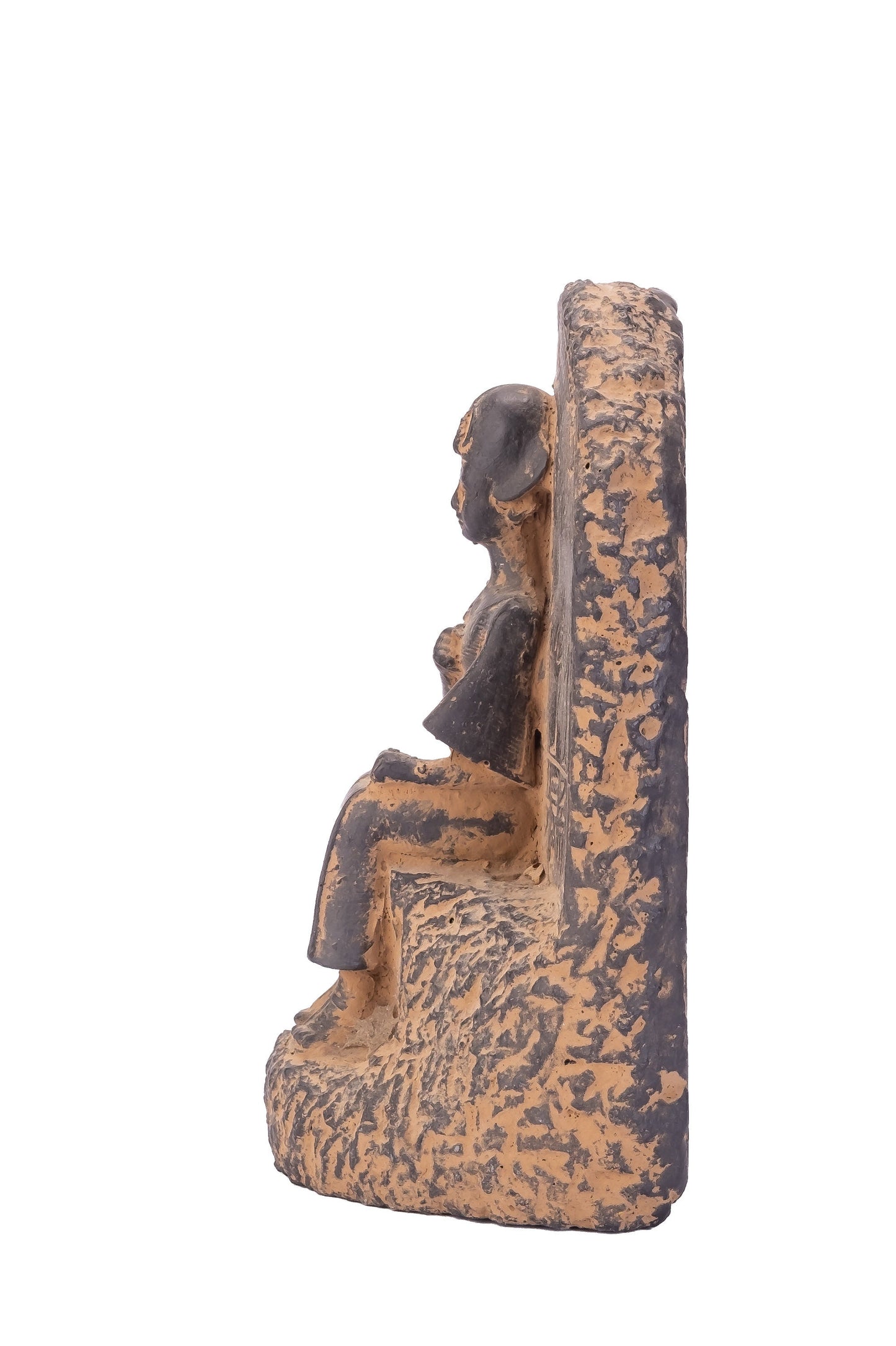 Ancient Egyptian statue of Pharaoh king Ramesses II seated on the throne carved with ancient Egyptian hieroglyphics, great court