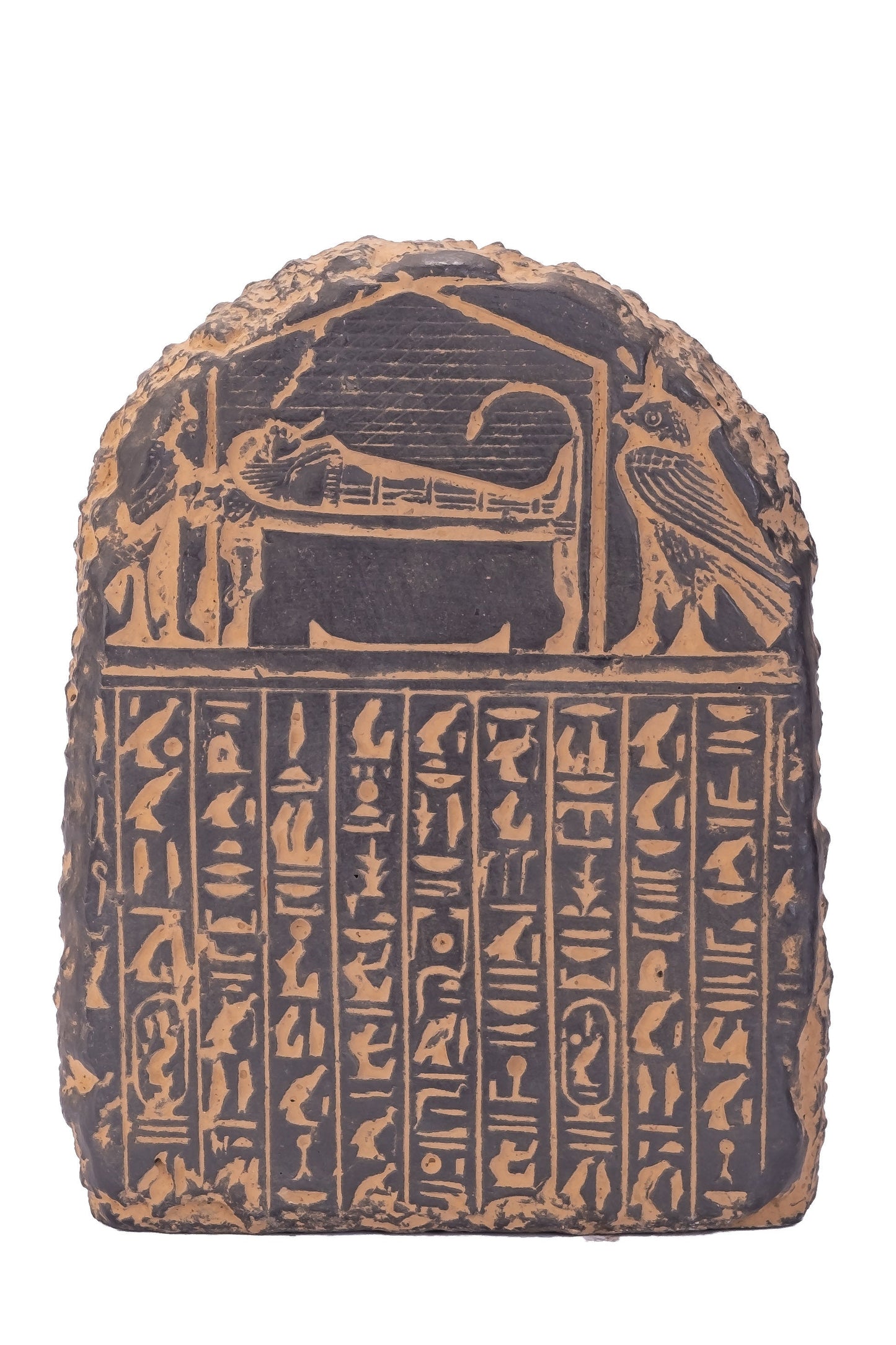 Ancient Egyptian statue of Pharaoh king Ramesses II seated on the throne carved with ancient Egyptian hieroglyphics, great court