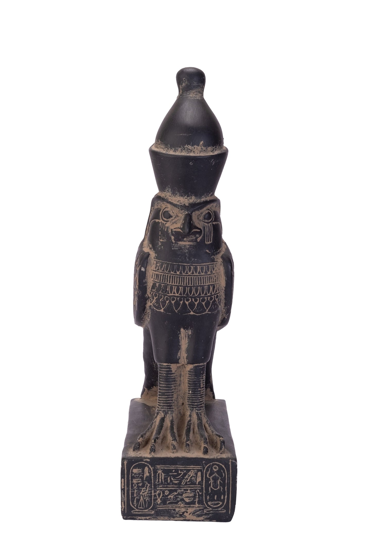 Statue of Horus god Falcon Bird sculpture large black heavy stone made in Egypt. Horus is the name of a sky god in ancient Egyptian religion