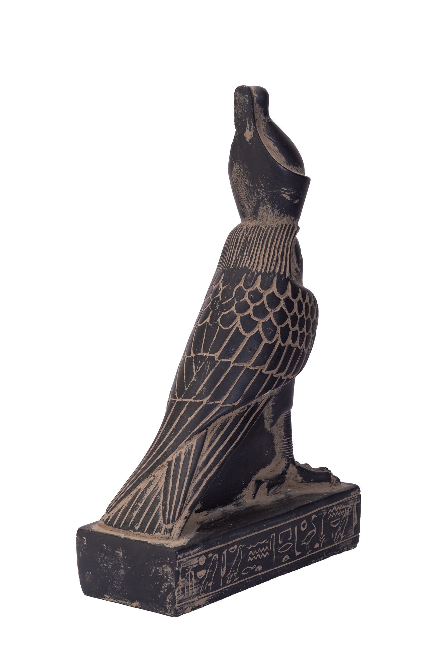 Statue of Horus god Falcon Bird sculpture large black heavy stone made in Egypt. Horus is the name of a sky god in ancient Egyptian religion