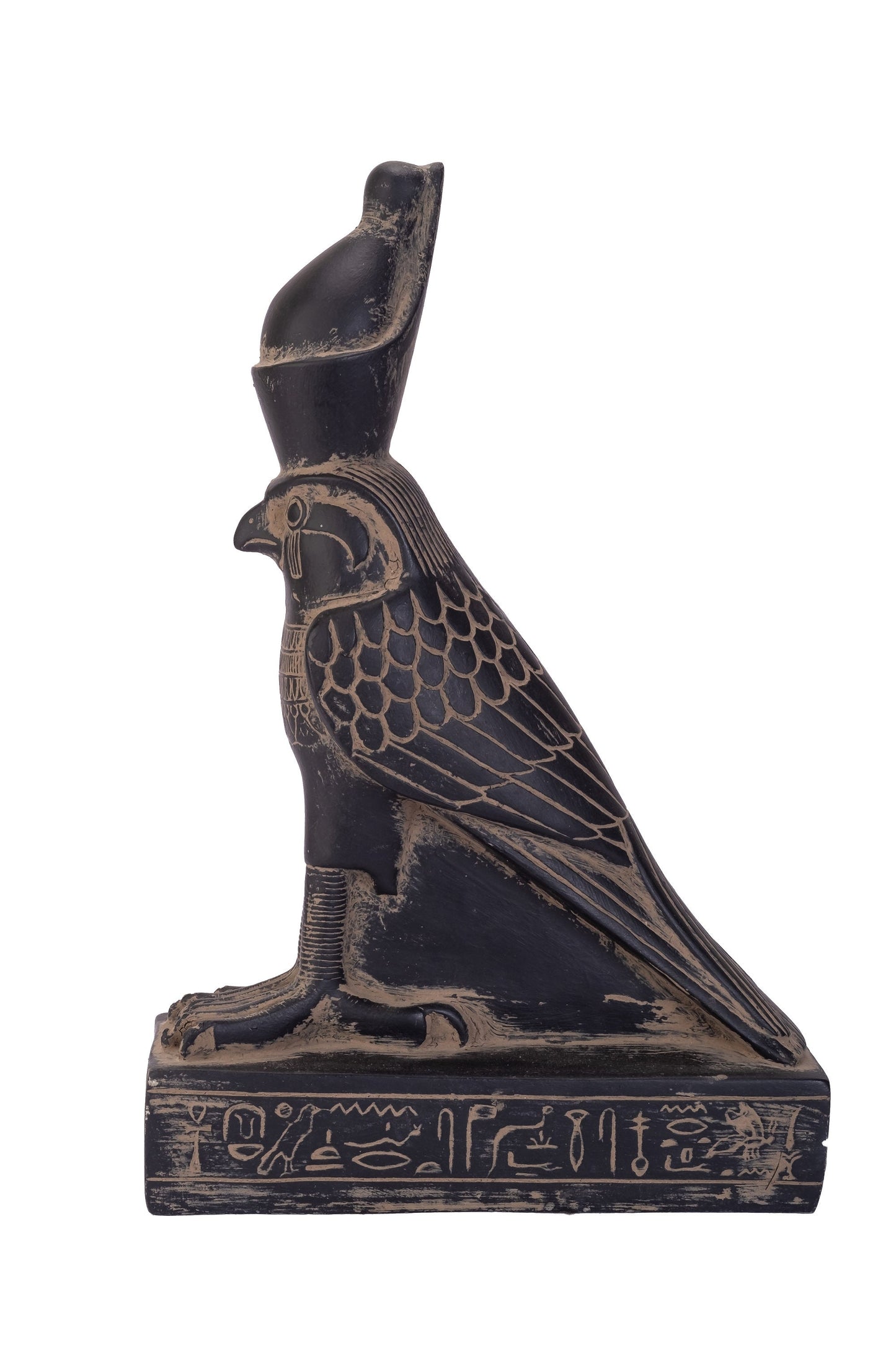 Statue of Horus god Falcon Bird sculpture large black heavy stone made in Egypt. Horus is the name of a sky god in ancient Egyptian religion