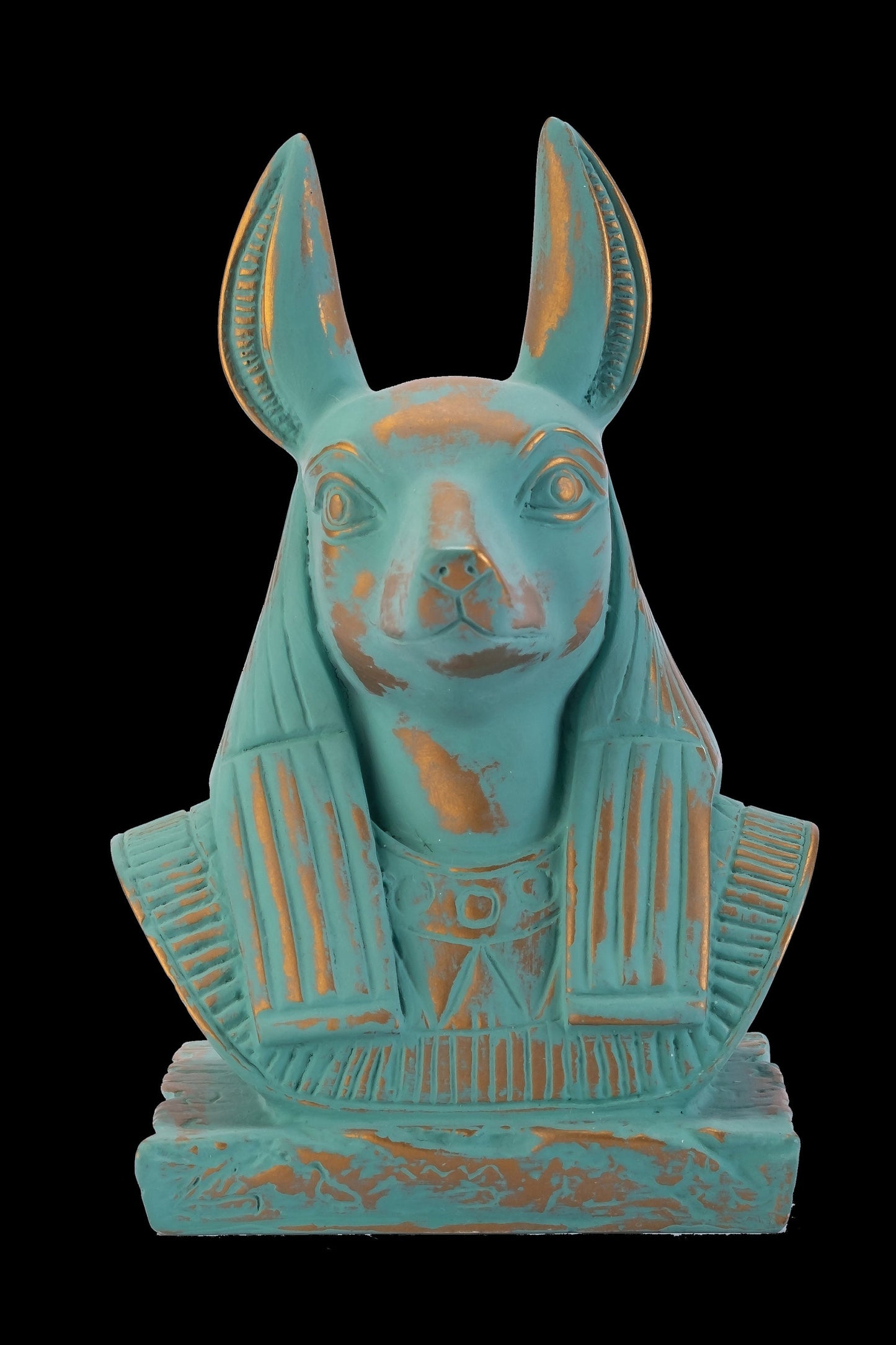 Rare Bust of Anubis Jackal face, God of afterlife and mummification handmade Altar statue green with gold antique color made in Egypt